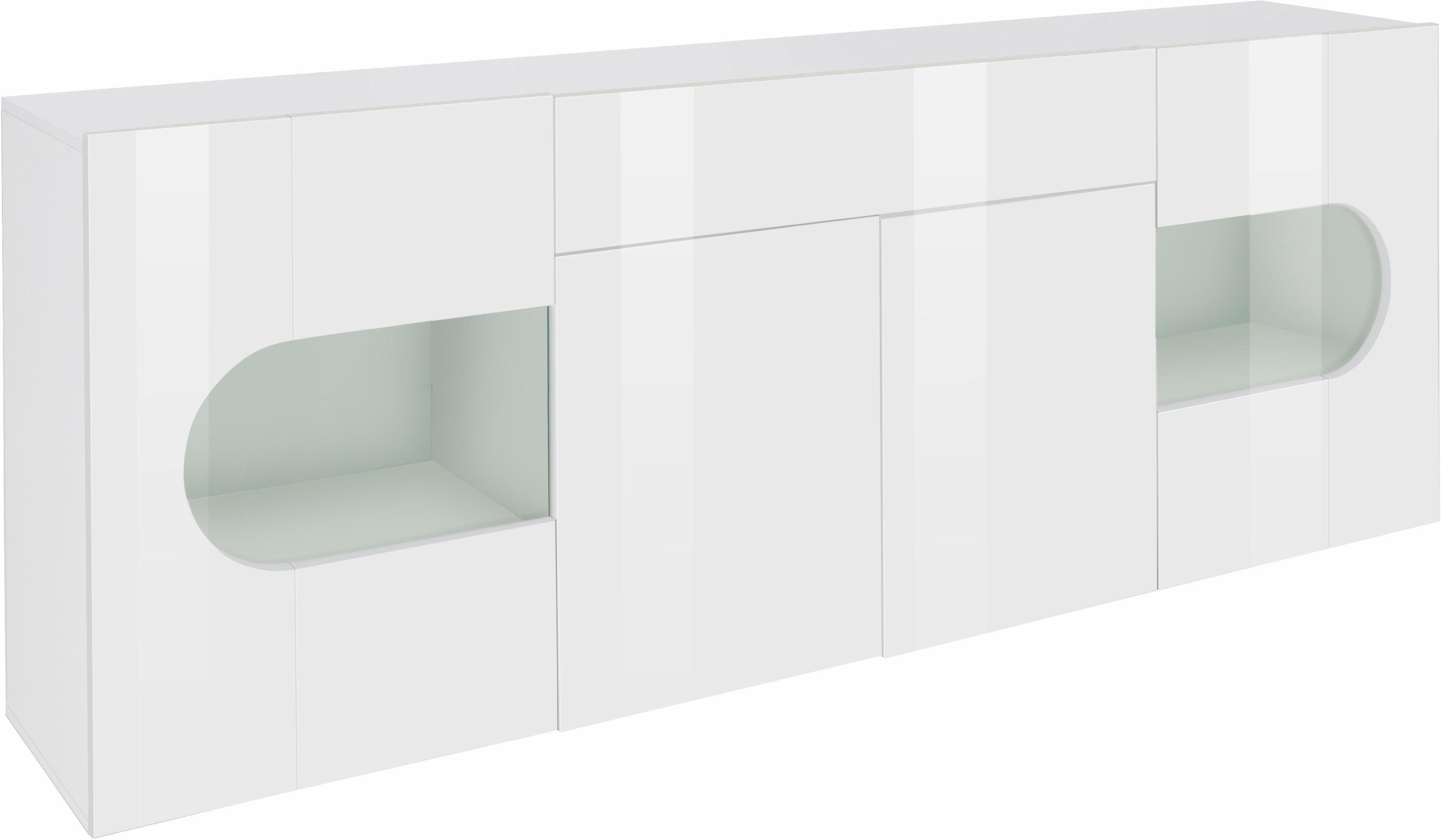 INOSIGN Dressoir Real, vitrinekast, commode, kast, volledig hoogglans gelakt met 4 deuren waarvan 2 glazen deuren en 1 lade zonder handgreep, breedte 220 cm