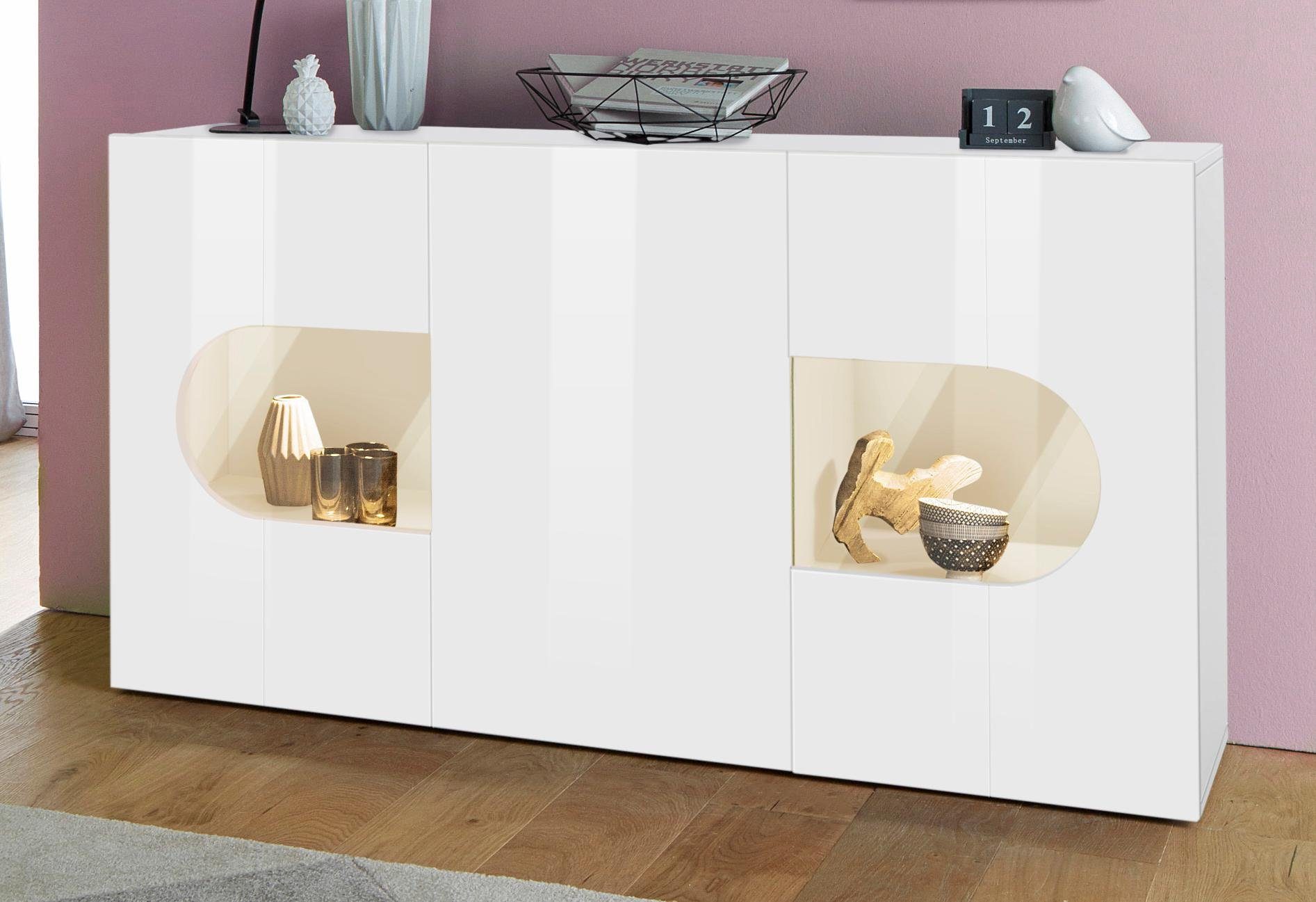 INOSIGN Dressoir Real, vitrinekast, commode, kast, volledig hoogglans gelakt met 3 deuren waarvan 2 glazen deuren zonder handgreep, breedte 150