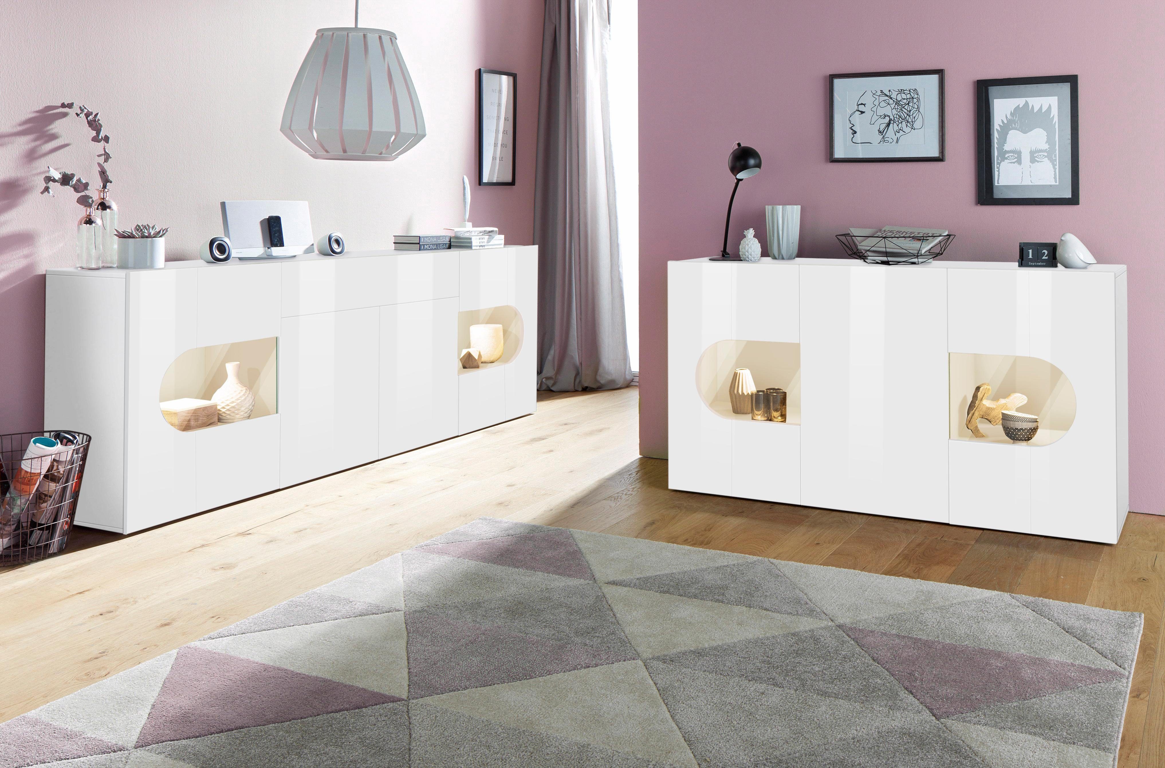 INOSIGN Dressoir Real, vitrinekast, commode, kast, volledig hoogglans gelakt met 4 deuren waarvan 2 glazen deuren en 1 lade zonder handgreep, breedte 220 cm