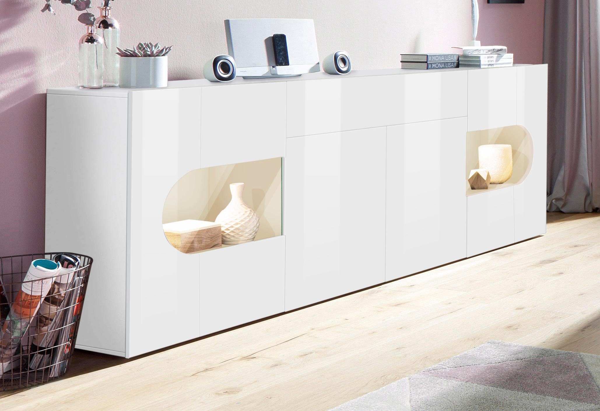 INOSIGN Dressoir Real, vitrinekast, commode, kast, volledig hoogglans gelakt met 4 deuren waarvan 2 glazen deuren en 1 lade zonder handgreep, breedte 220 cm