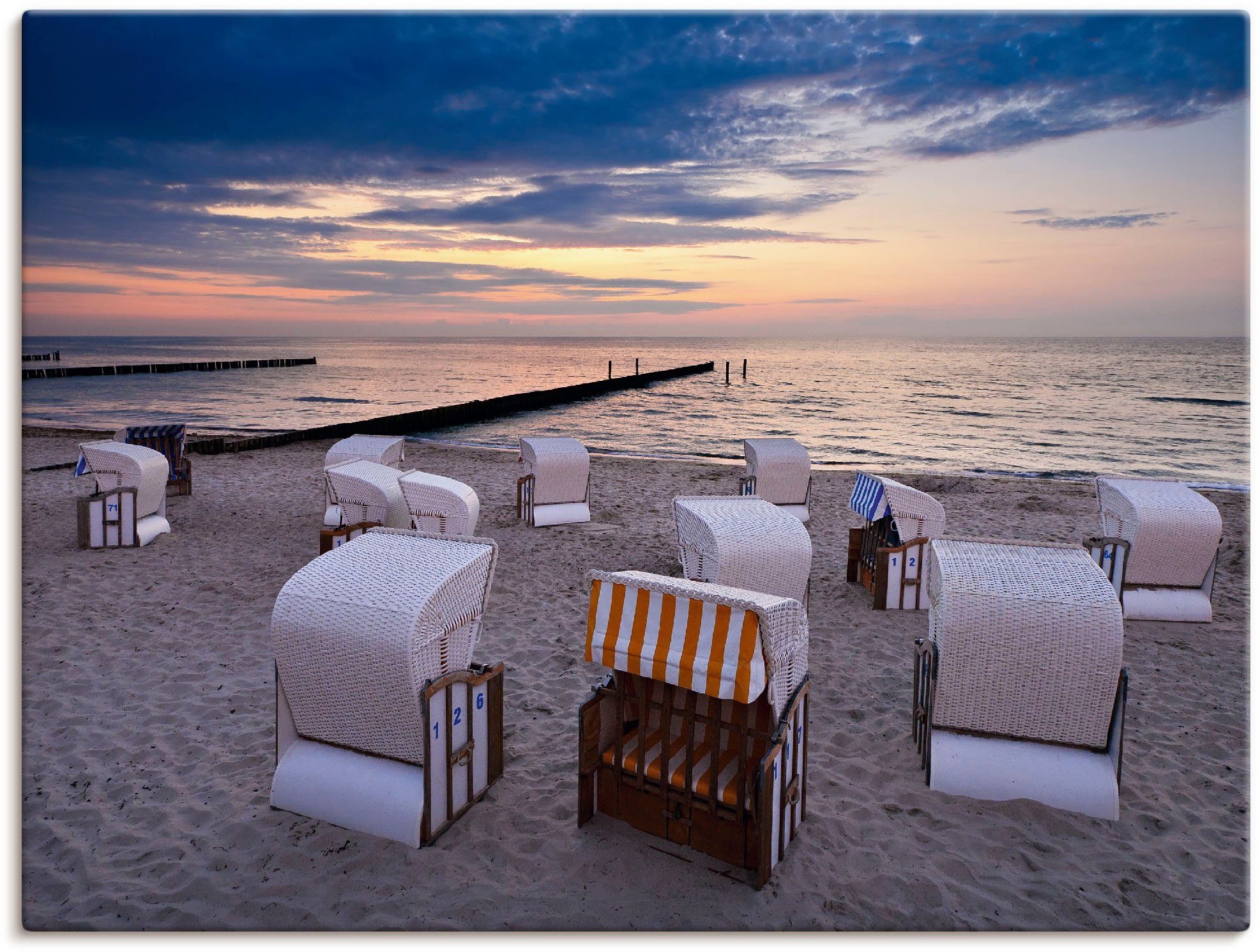 Artland Artprint op linnen Strandstoelen aan de Oostzee foto schilderijen maat 60 cm x 45 cm blauw