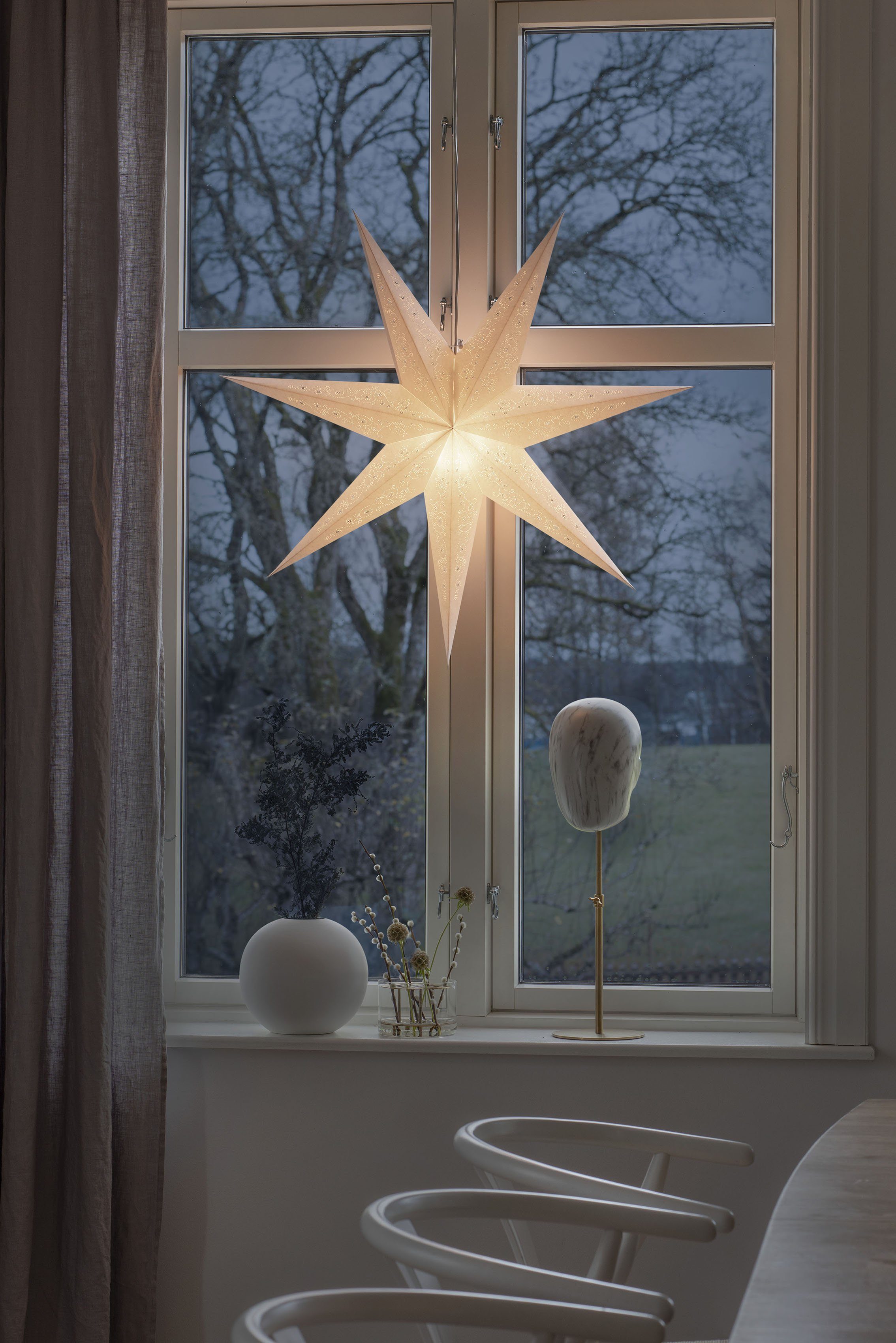 KONSTSMIDE Sierster Kerstster, kerstversiering witte papieren ster, led ster, geborduurde witte motief, 7 punten (1 stuk)