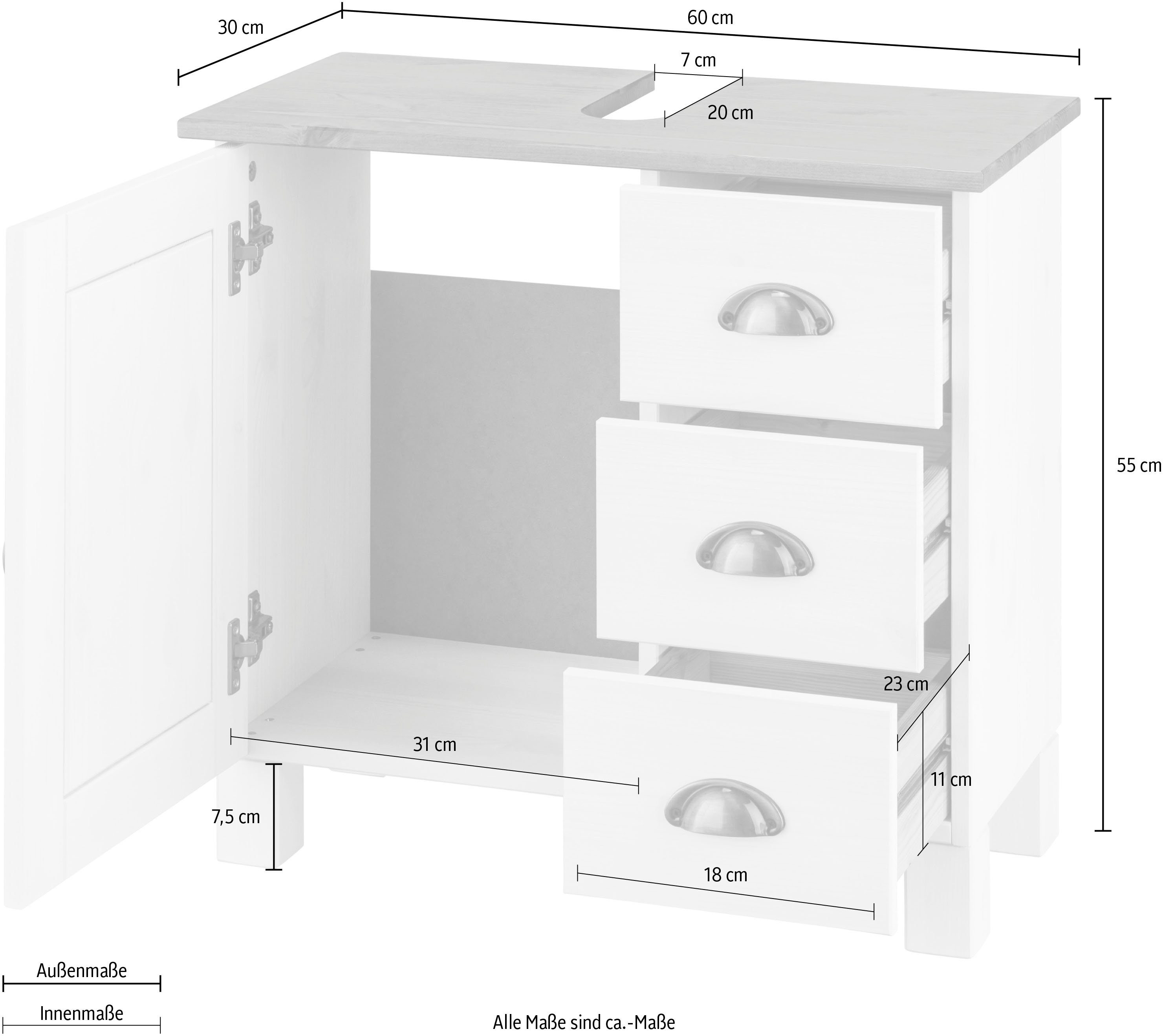 Home affaire Wastafelonderkast Oslo Grenen, 1 deur en 3 laden, breedte 60 cm, hoogte 55 cm