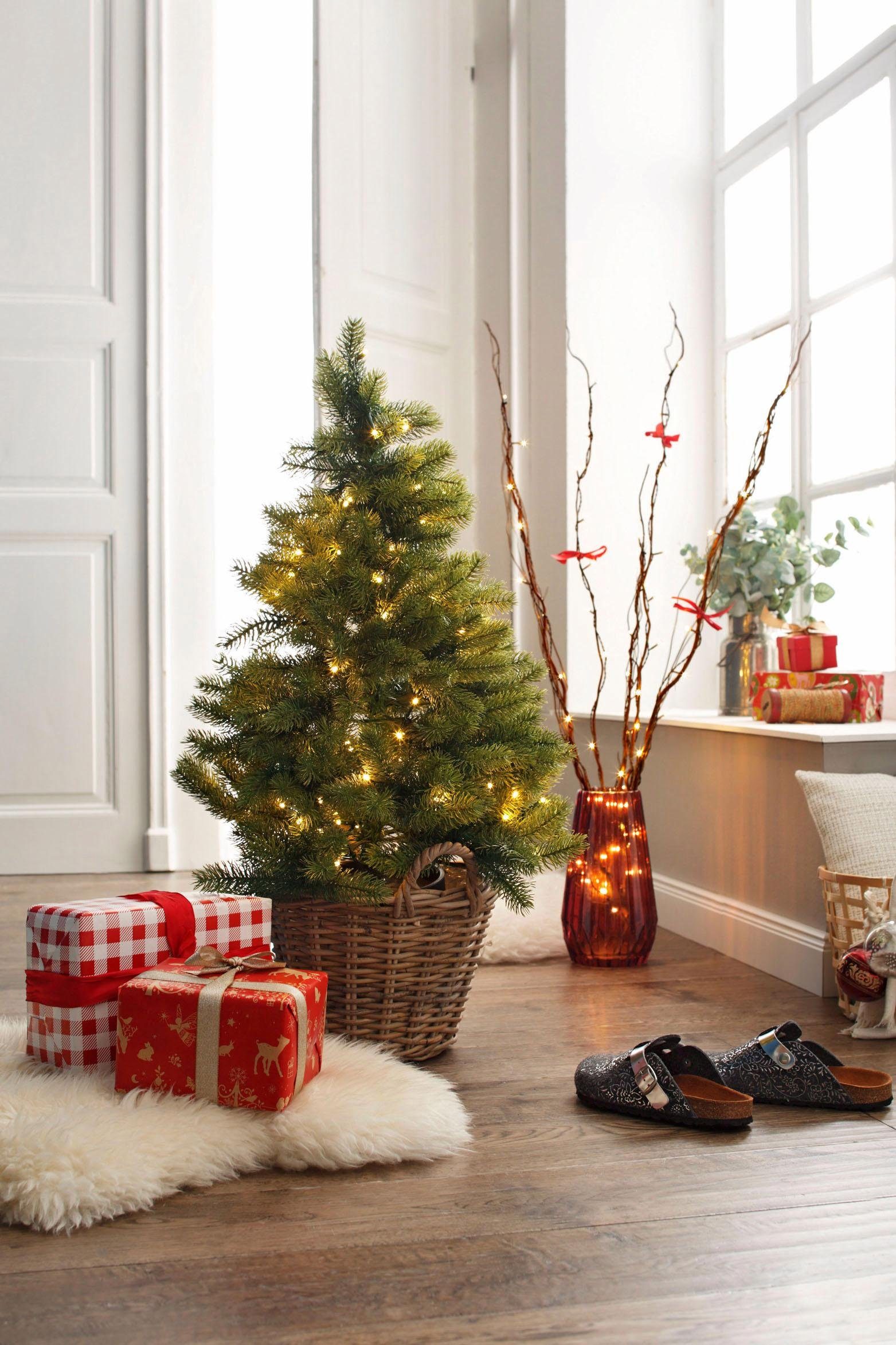 Creativ deco Kunstkerstboom Kerstversiering, kunstmatige kerstboom, dennenboom met zwarte kunststof pot en led-lichtsnoer, werkt op batterijen