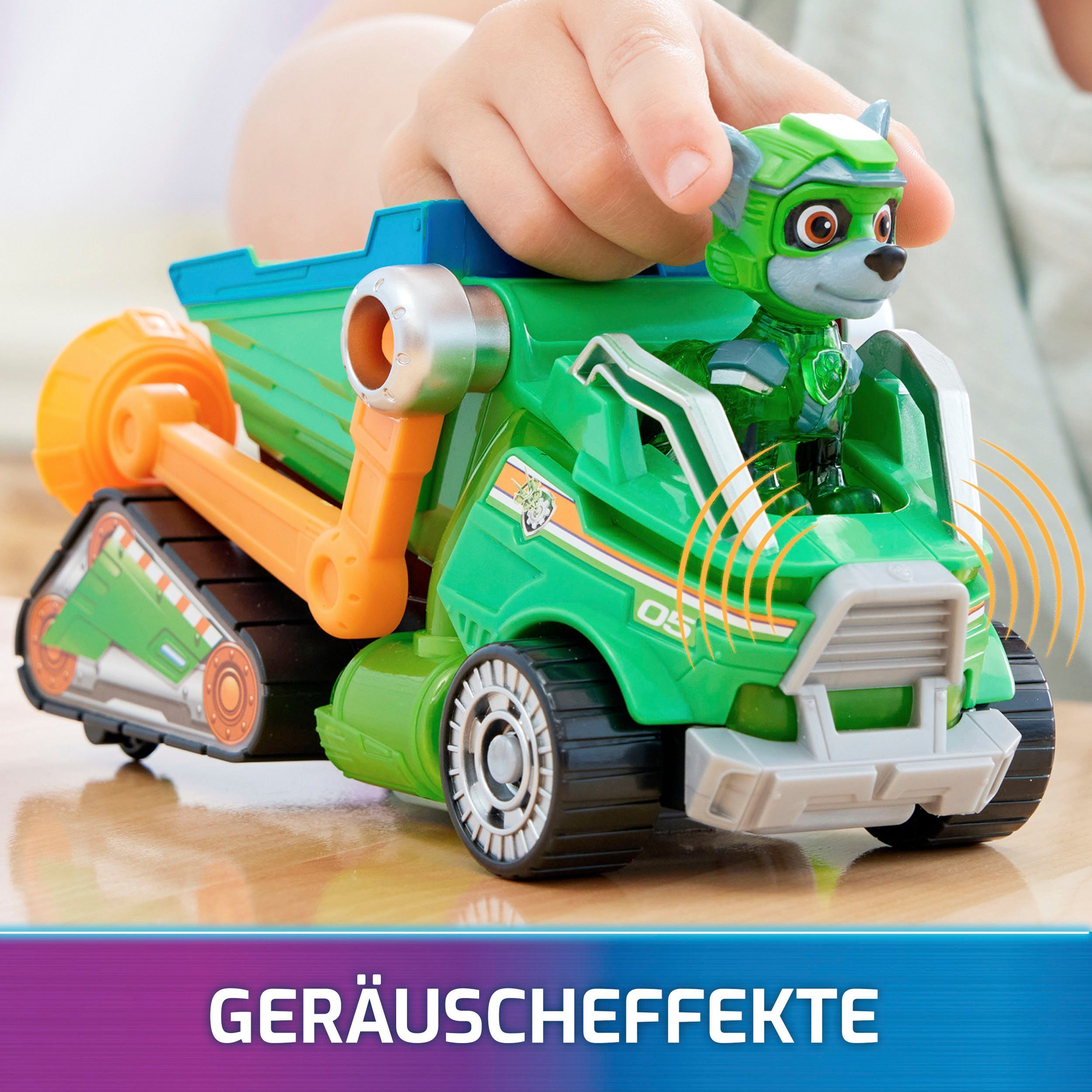 Spin Master Speelgoedauto Paw Patrol - Movie II - Basic Themed Vehicles Rocky Vuilnisauto met puppyfiguur, licht- en geluidseffect