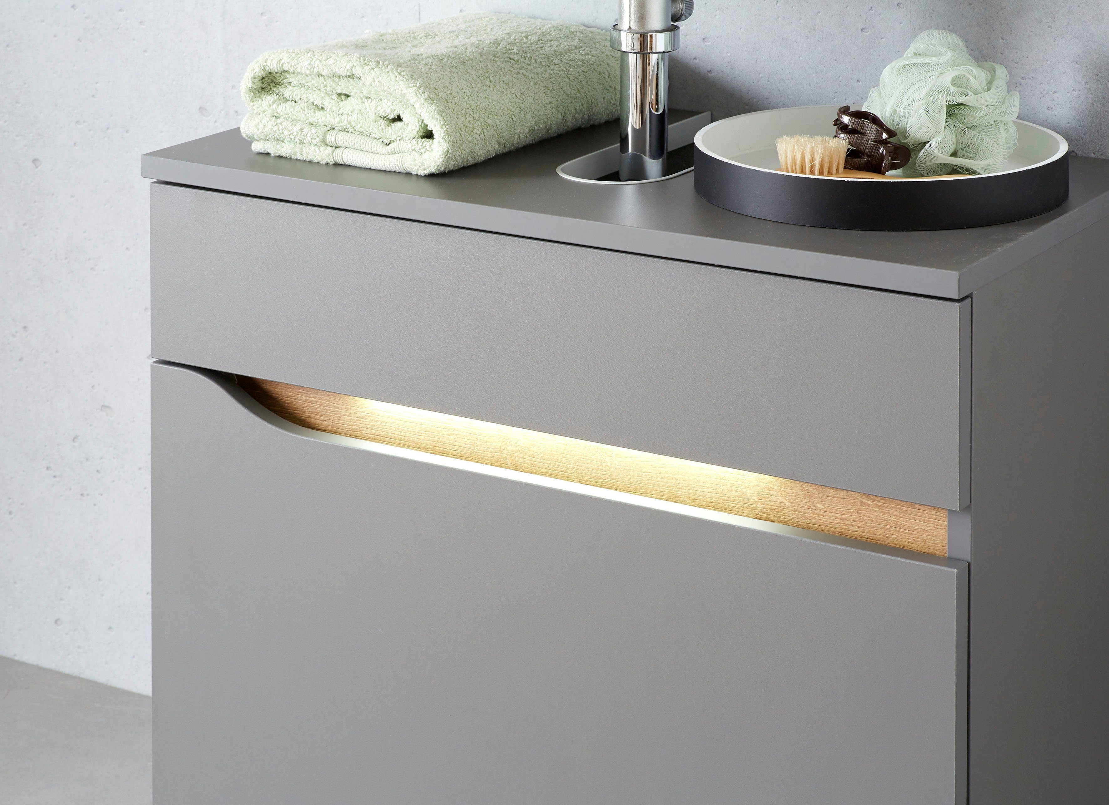 Saphir Wastafelonderkast Quickset onderkast, 60 cm breed, 1 lade Wastafelonderkast met sifonuitsparing, zonder wasbak, greeploos
