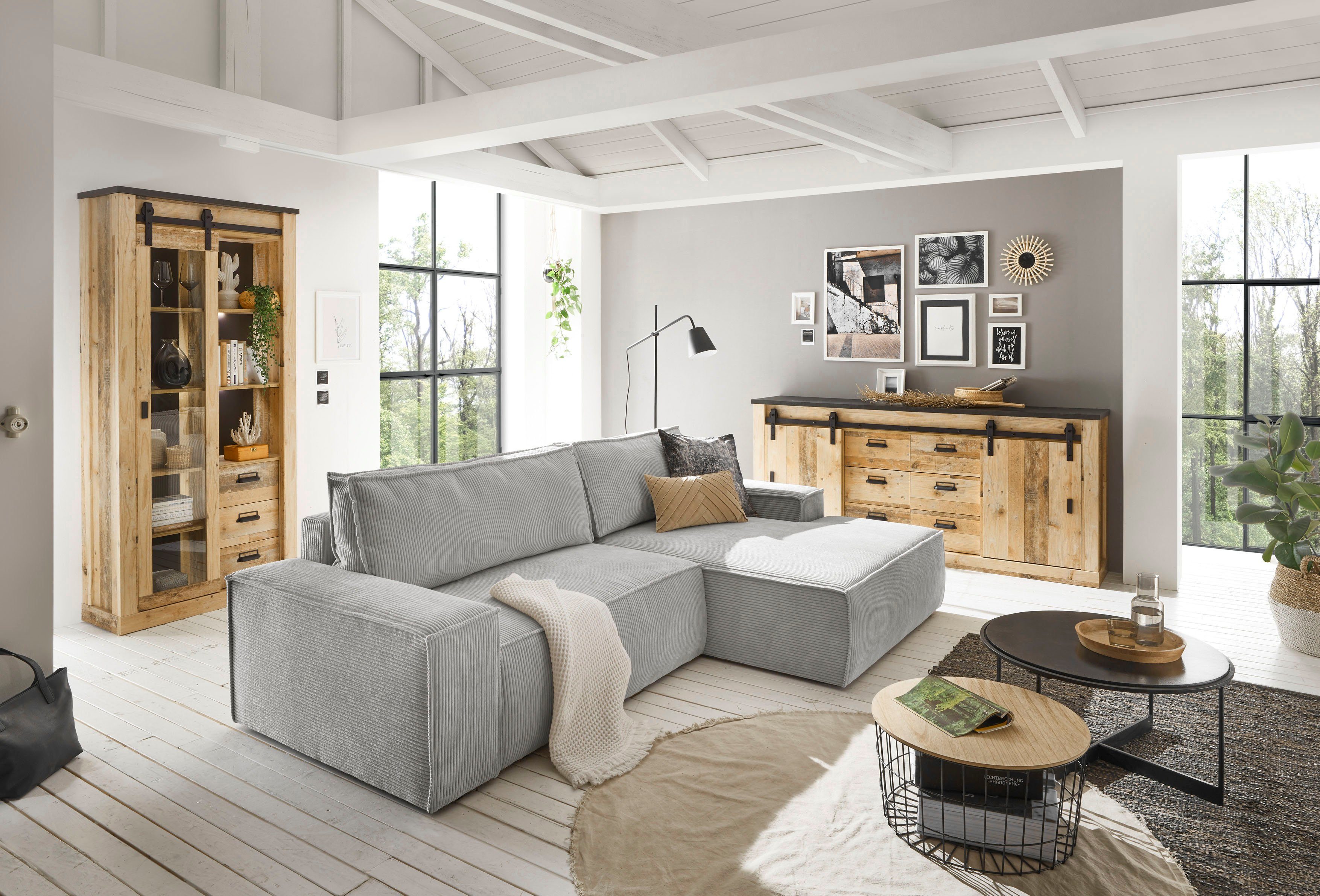 Home affaire Hoekbank SHERWOOD bedbank 267 cm, L-model, Slaapfunctie met bedlade (210x136 cm), cord, vintage, fluweel