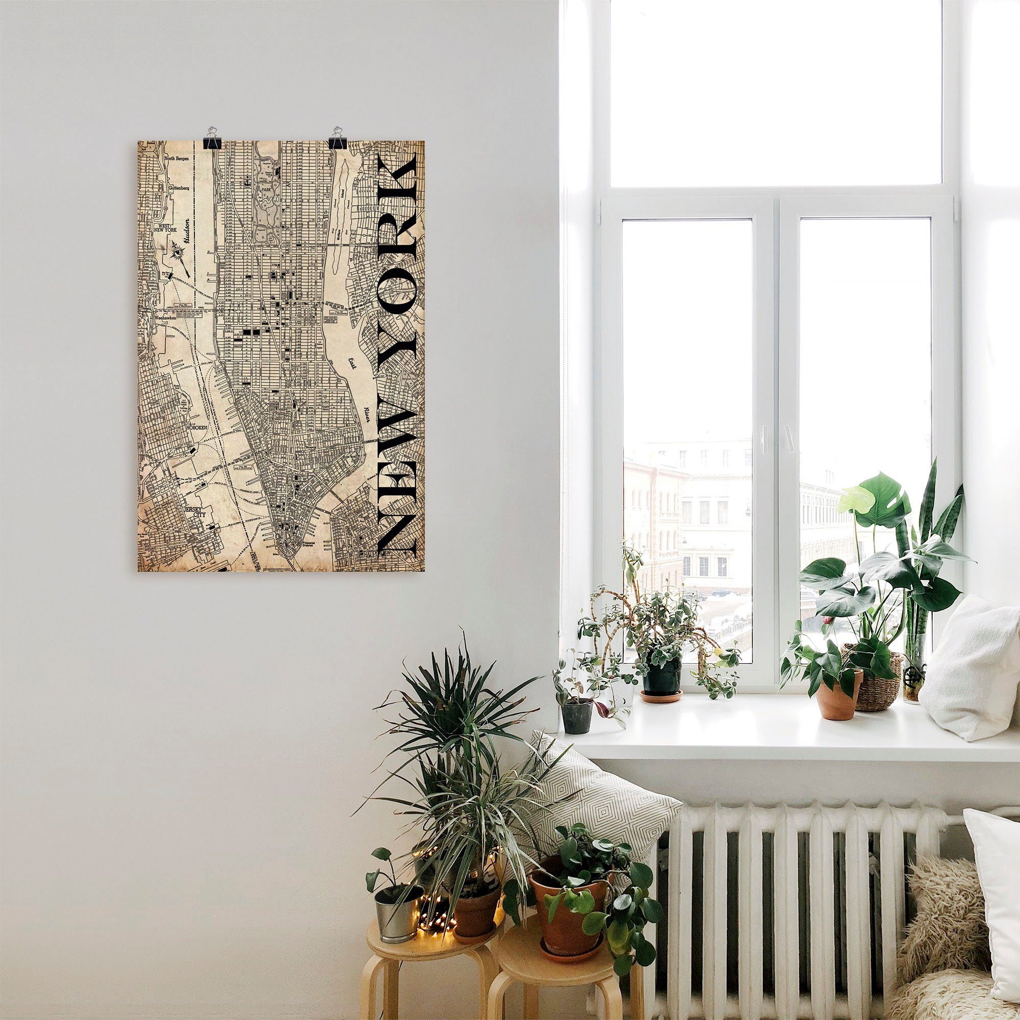 Artland Artprint New York kaart straten kaart Grunge als artprint op linnen, poster in verschillende formaten maten