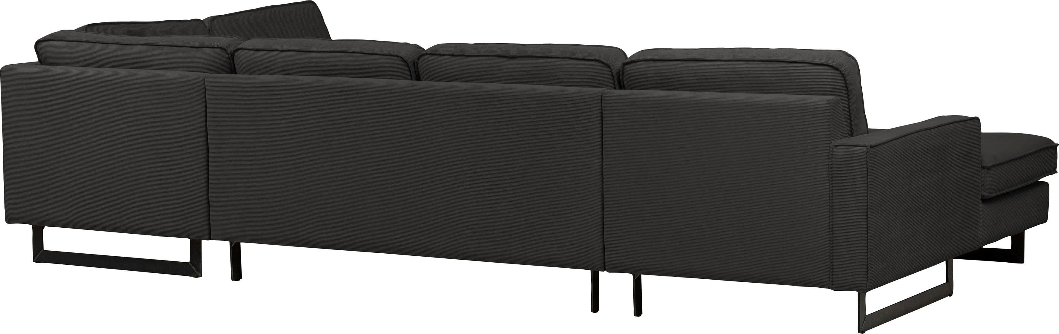 Places of Style Zithoek Pinto, 350 cm, U-vorm, XXL, met ottomanen Cord, chenille, leerlook, met bies, metalen voeten, golfondersteuning