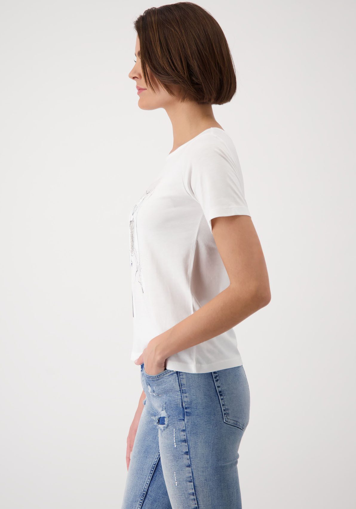 Monari Shirt met ronde hals Shirt vrouw getekend met frontprint en glitterstuds