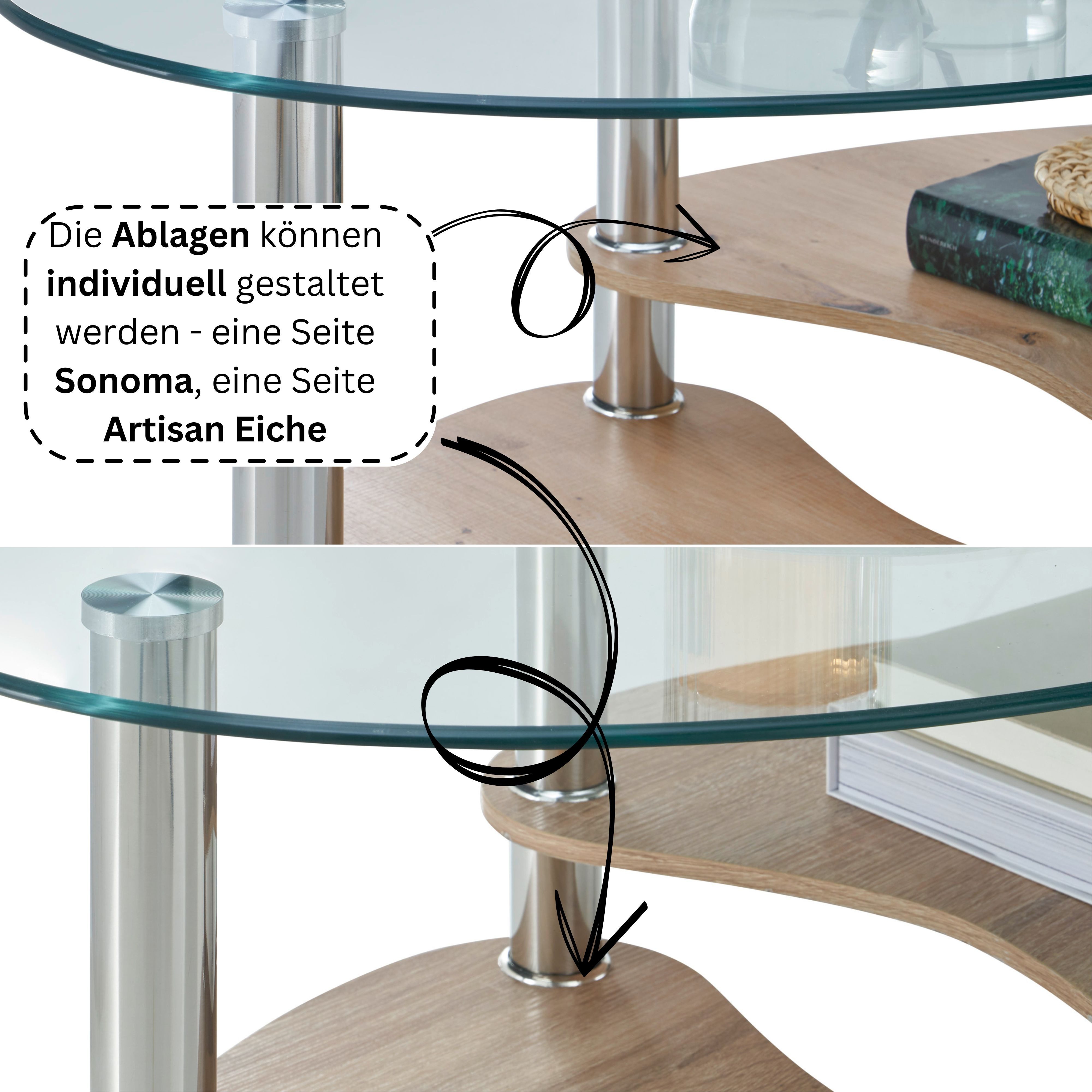 Stolkom Salontafel Panty glazen tafel, salontafel, bijzettafel glas BxHxD 90x42x55 cm Veiligheidsglas 8 mm, legplank in MDF eiken Artisan en eiken Sonoma