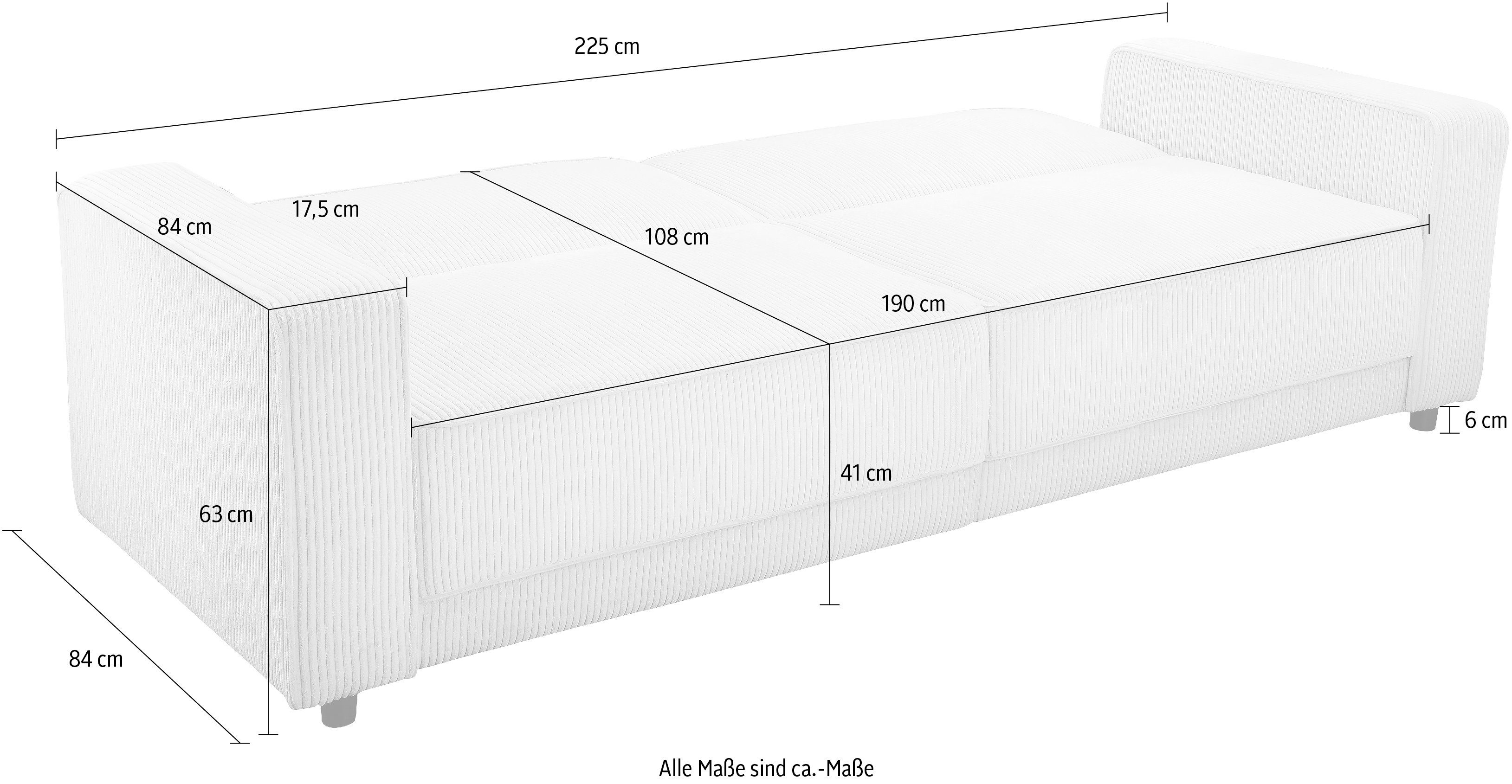 Dorel Home 3-zitsbank Allie slaapbank 225 cm Slaapbank functie (108/190cm), trendy ribfluweel of onderhoudsvriendelijk velours