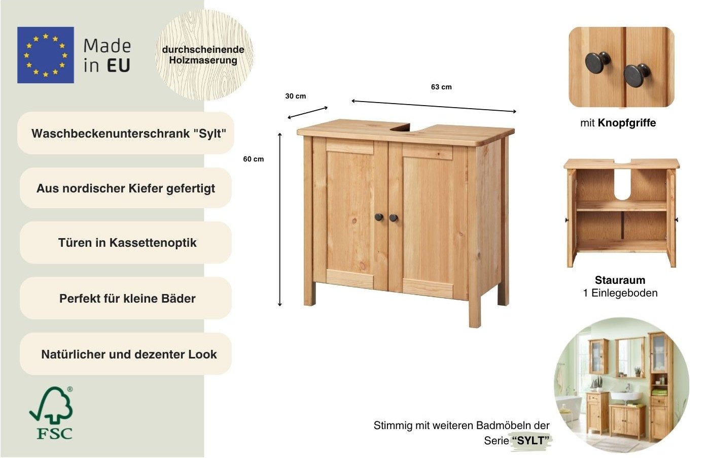welltime Wastafelonderkast Sylt Badkamermeubel in landelijke stijl, breedte 64 cm, van massief hout