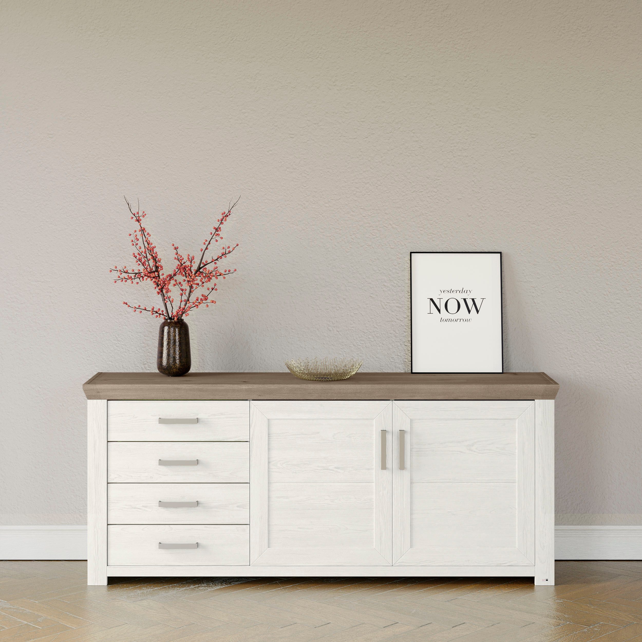 set one by Musterring Dressoir York Type 51, met veel opbergruimte, handvat zilver, B 184 x H 79 cm dressoirs wit