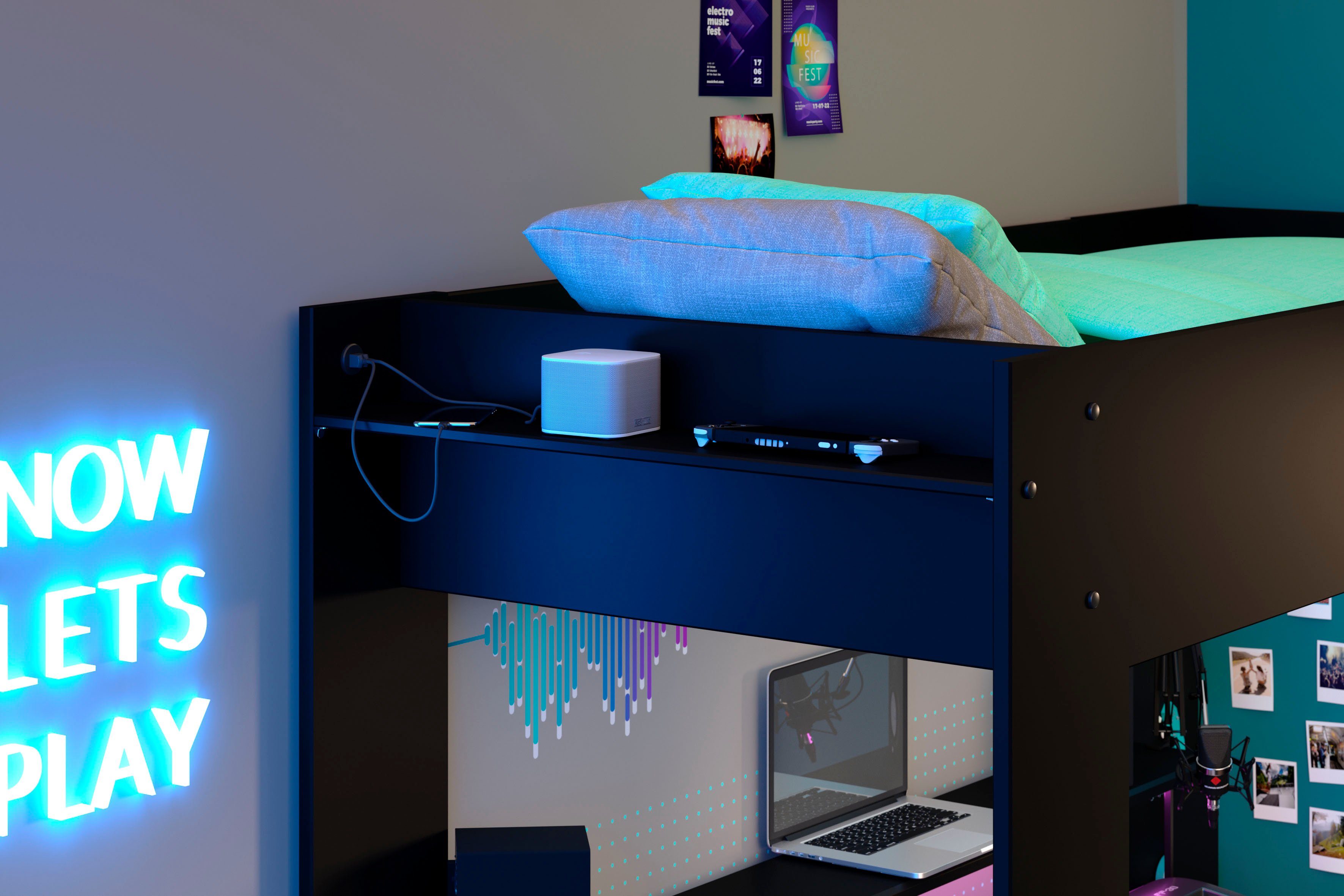 Parisot Hoogslaper Gaming-bed, met bureau, USB-aansluiting, LED, veel opbergruimte