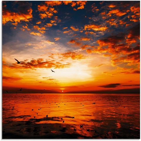 Artland print op glas Sonnenuntergang am Strand mit wunderschönem Himmel