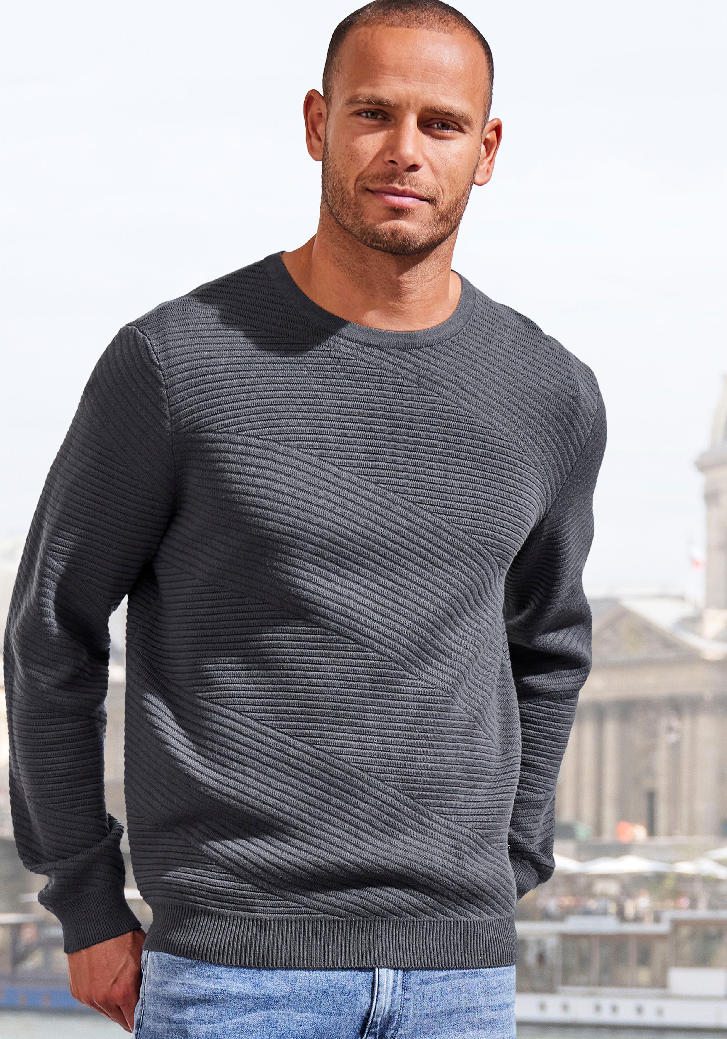 John Devin Gebreide trui Pullover van zachte structuurbreiwerk heren pullovers maat S (44/46) grijs