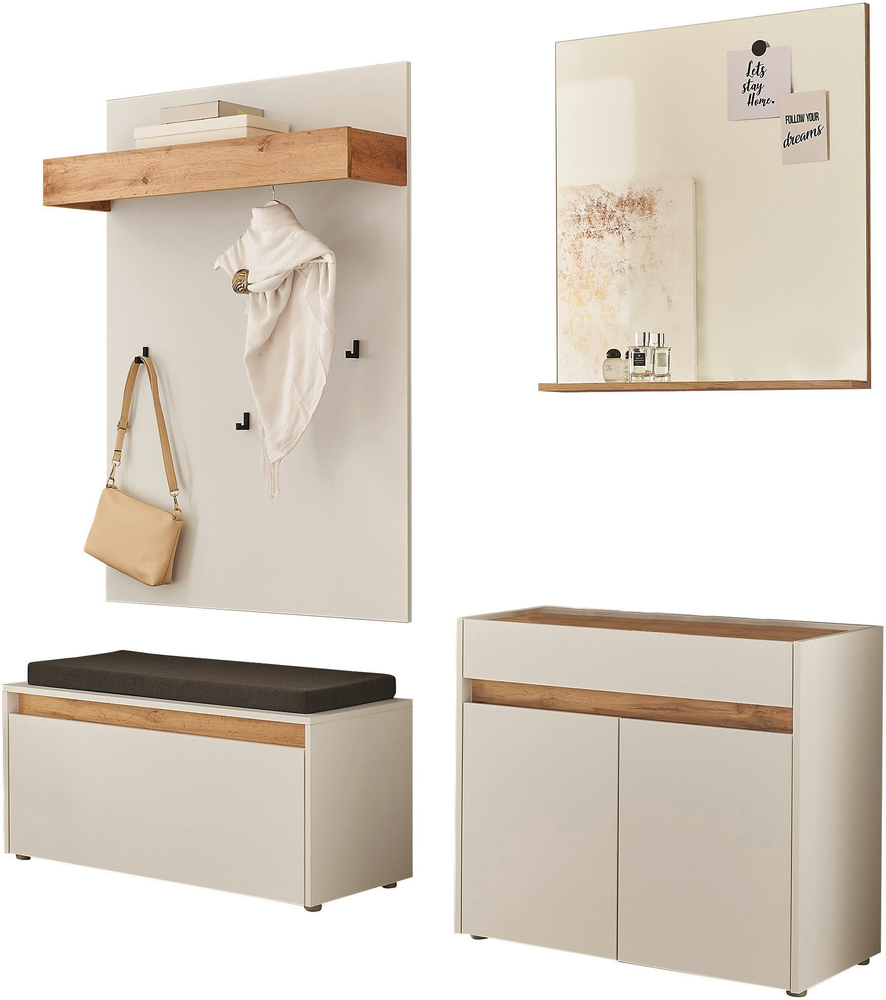 INOSIGN Halmeubelset GIRON/ CiTY, Garderobe in Wotan Eik, moderne garderobekast bevat commode, spiegel, paneel & schoenenbank + zitkussen, 190 cm