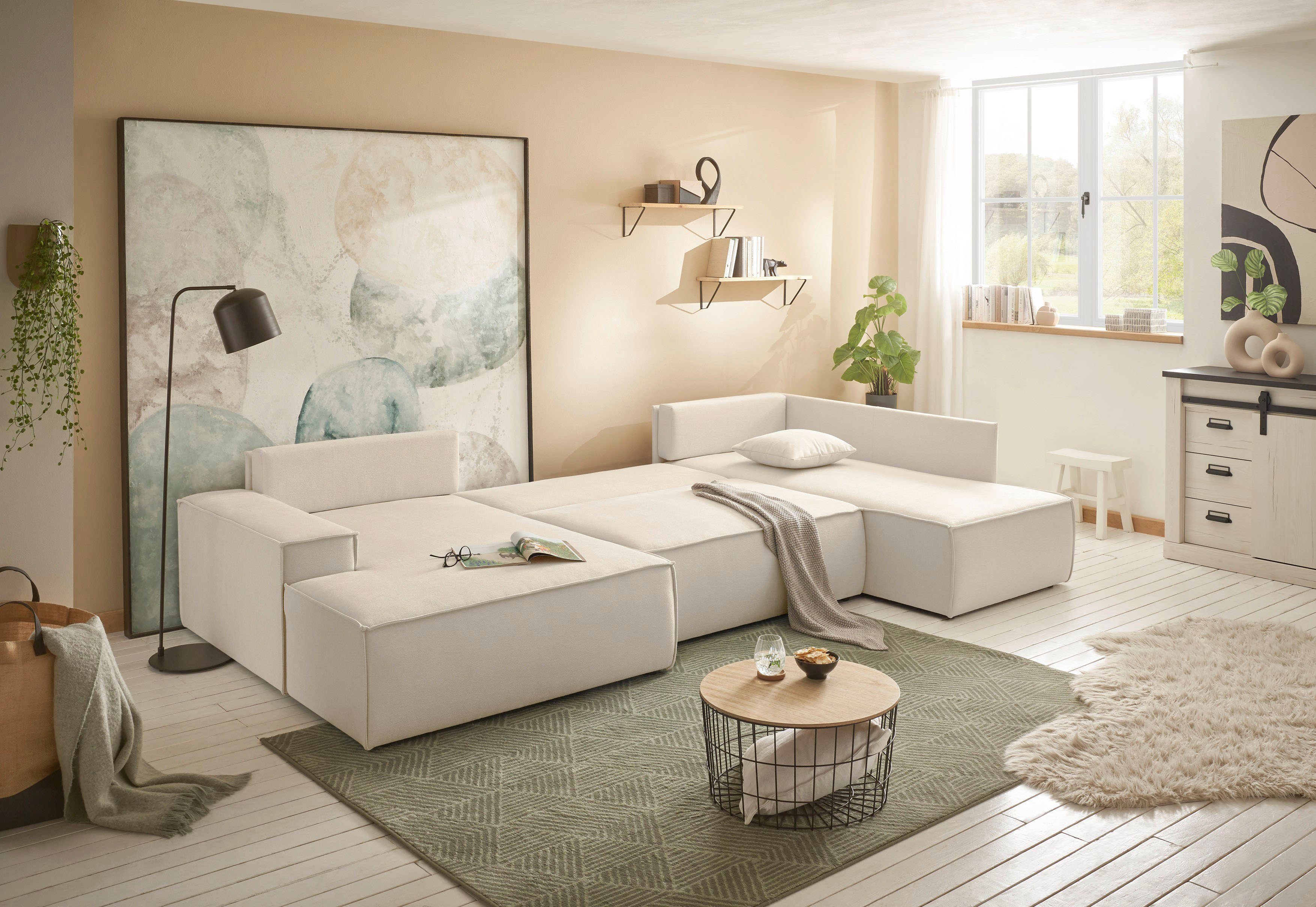 andas Zithoek FINNLEY U-model XXL 329 cm, bedbank, slaapfunctie m. bedkist