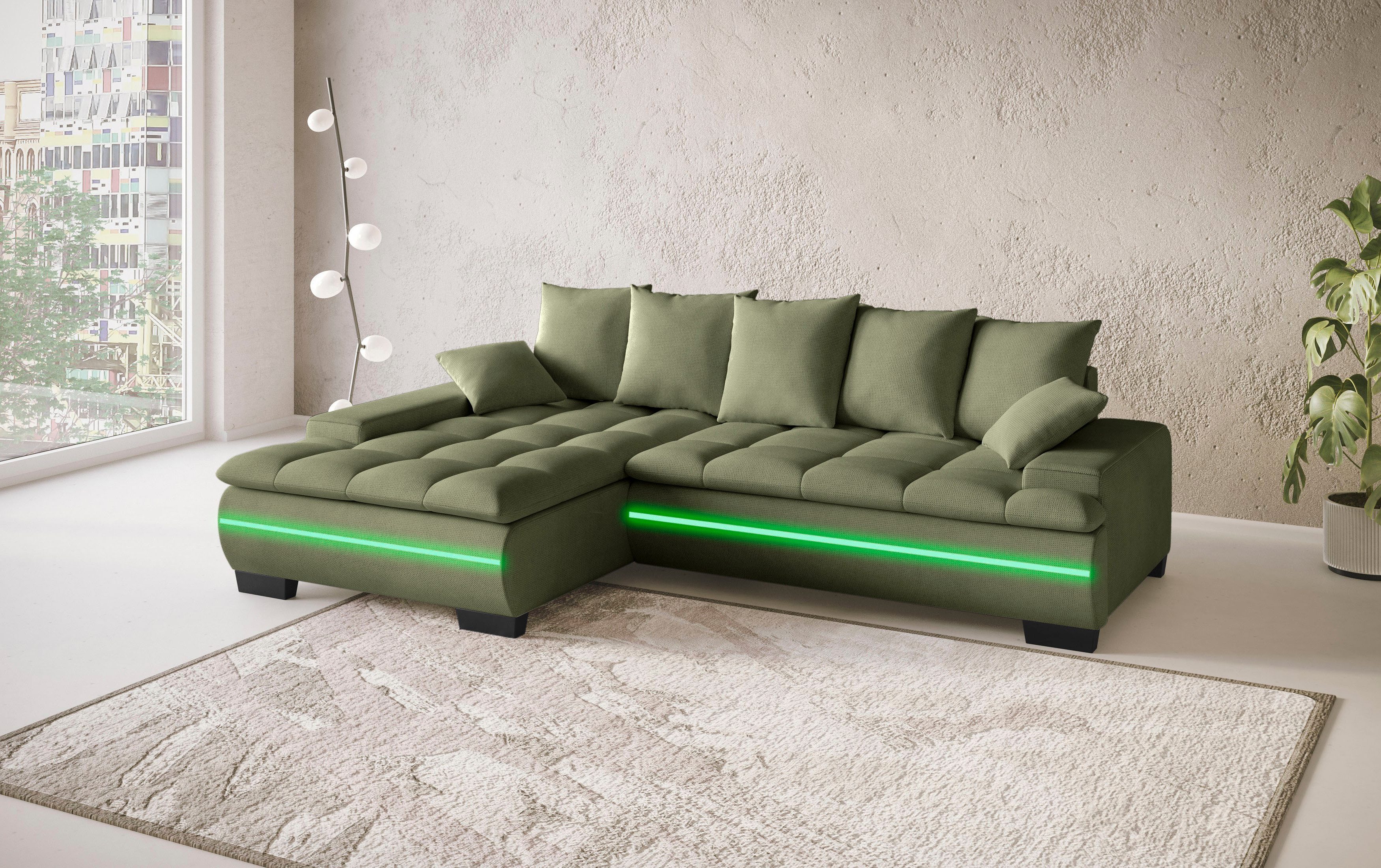 Mr. Couch Hoekbank Haiti II, L-vorm RGB-LED verlichting, koudschuim, optioneel met bed, bedlade