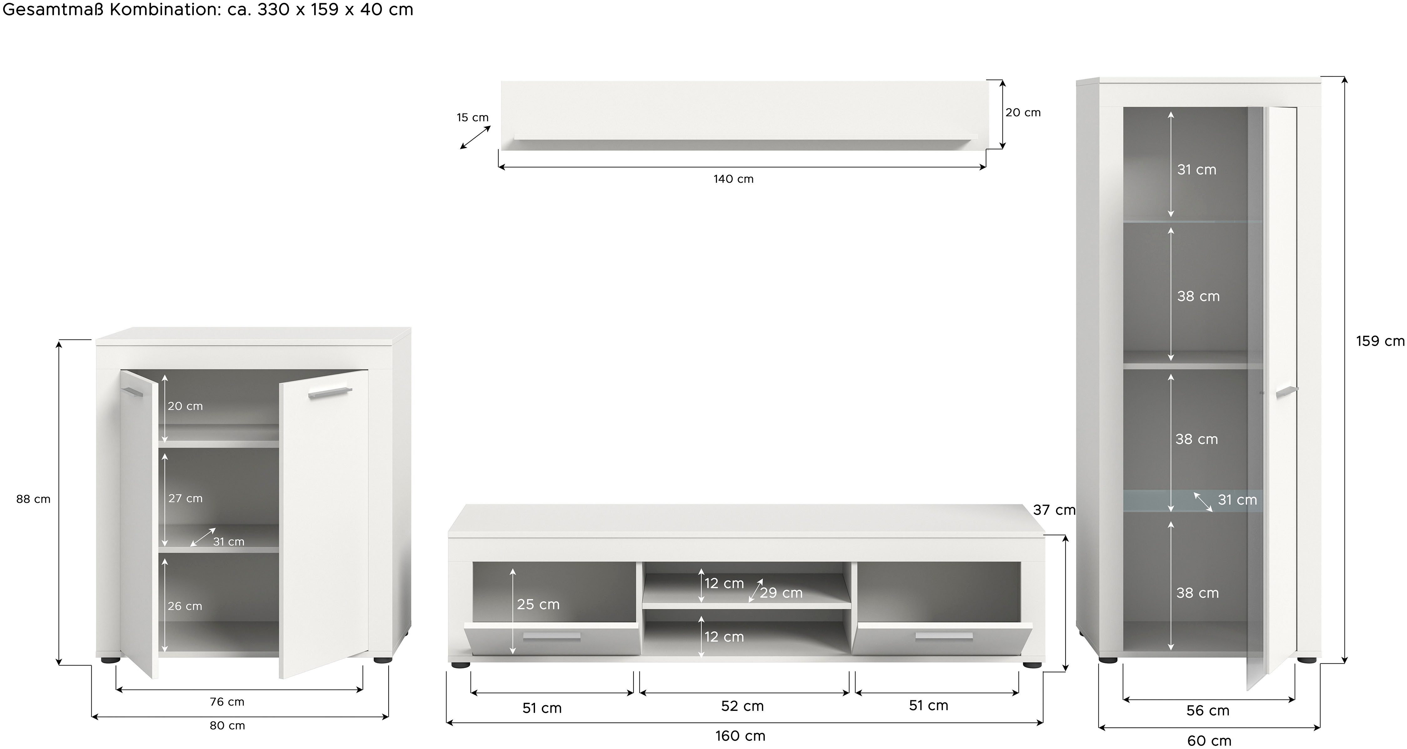 INOSIGN Wandmeubel Aosta, Breedte 330cm, bestaand uit Highboard, Lowboard, Wandplank, Vitrine (4-delig)