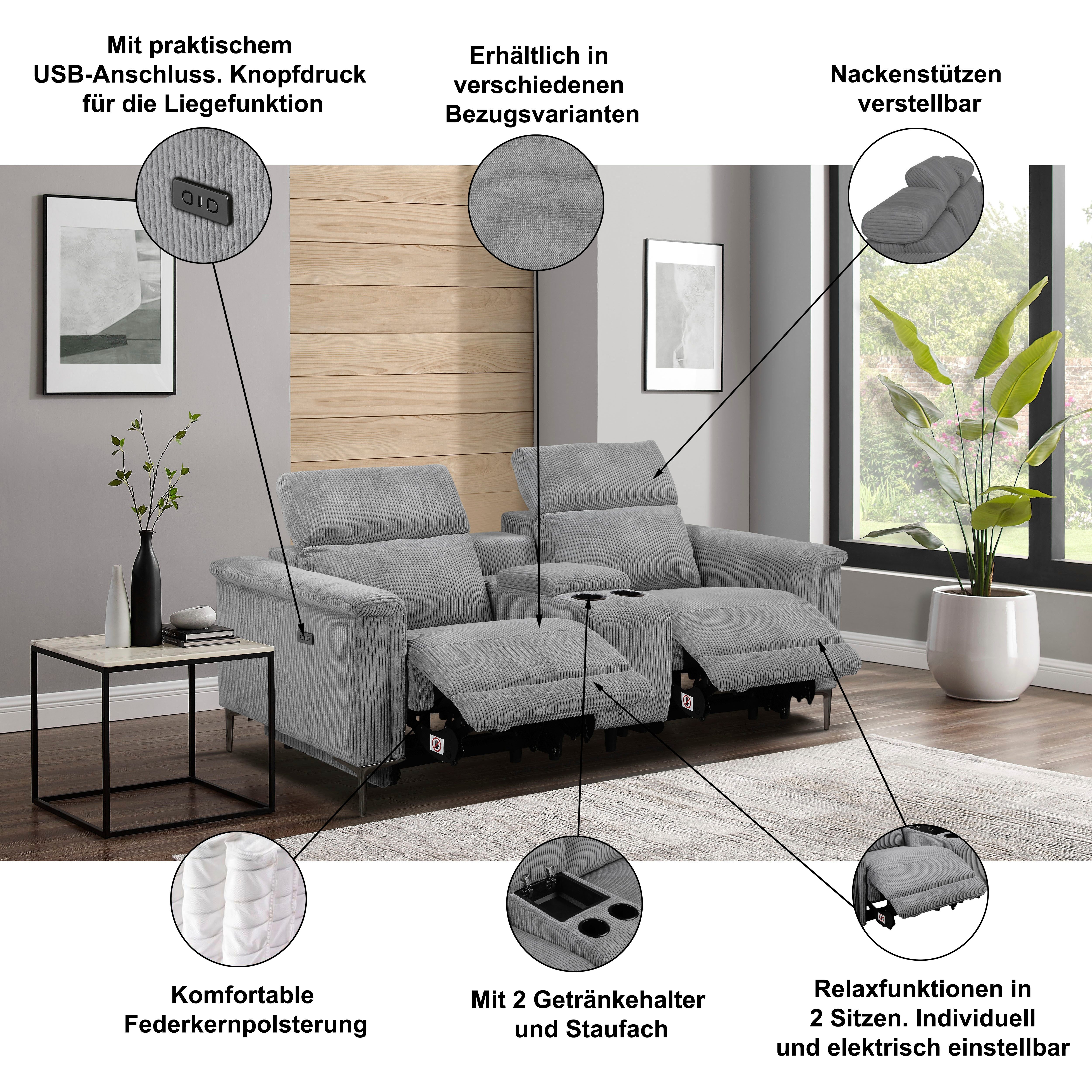 Home affaire 2-zitsbank Lund in cord, 2-zits bioscoopbank, tv-fauteuil, multimedia-sofa, USB-A met elektrische of handmatige relaxfunctie, bekerhouder en opbergruimte