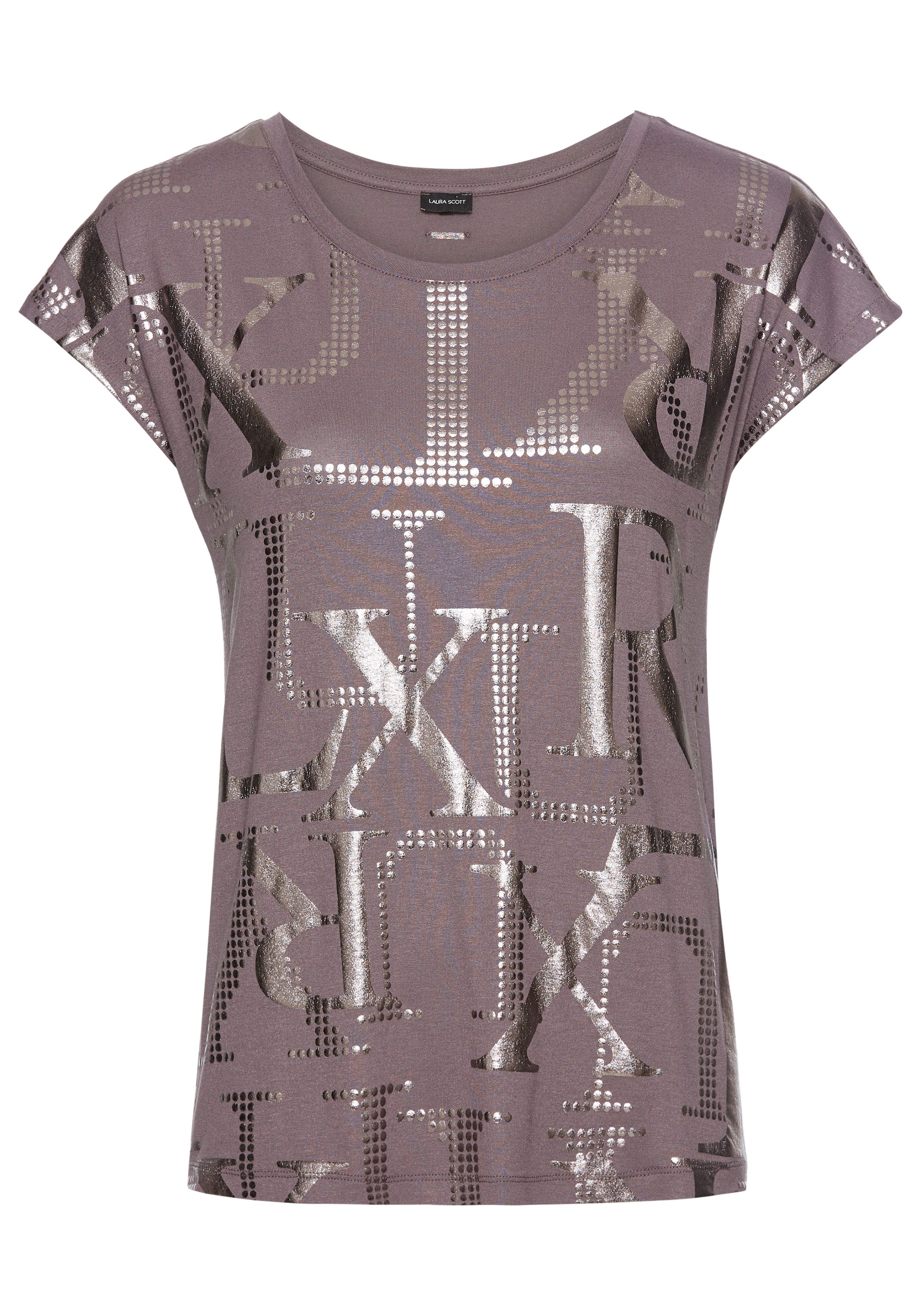 Laura Scott Shirt met ronde hals met stijlvolle zilverkleurige letterprint - nieuwe collectie