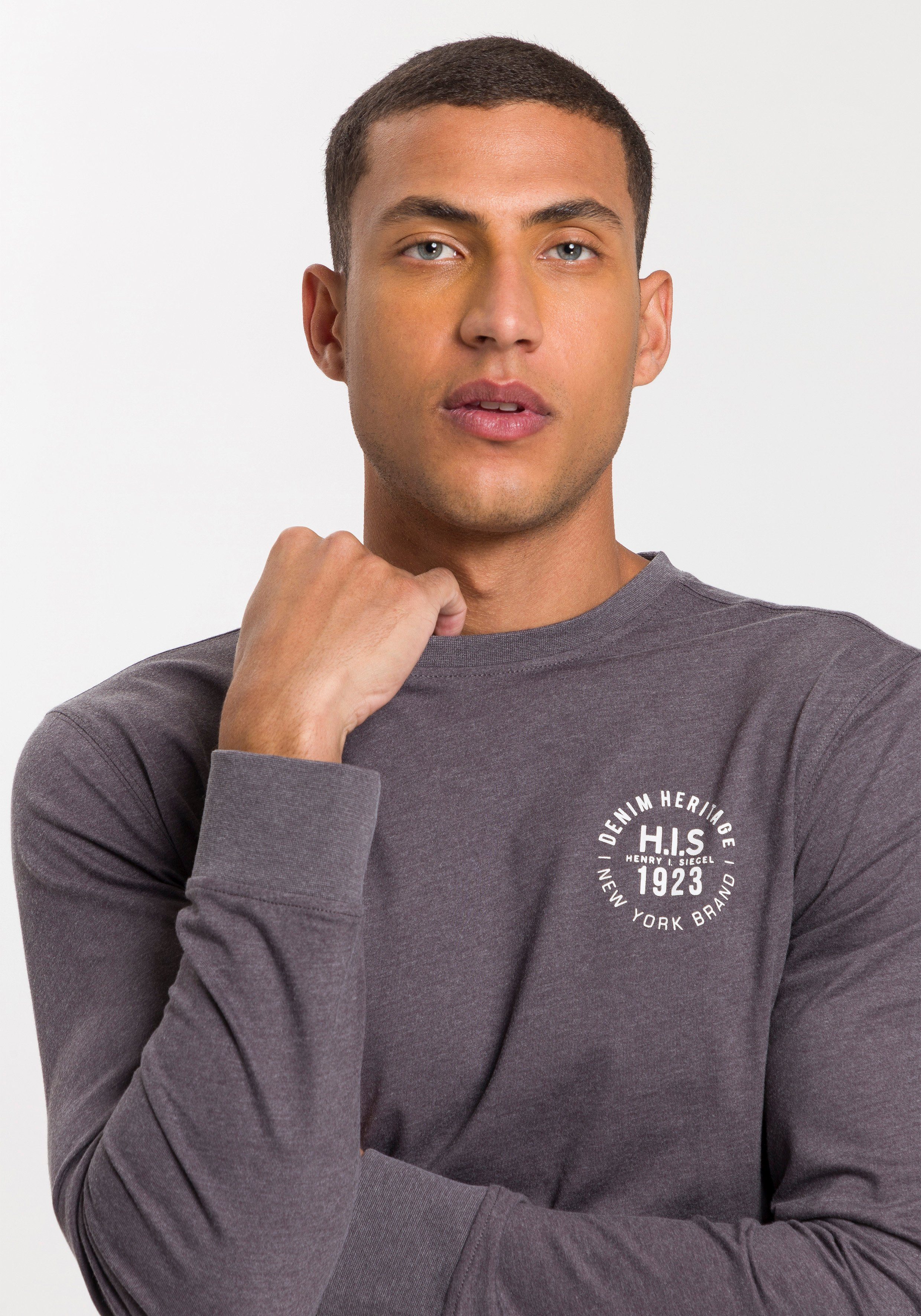 H.I.S Shirt met lange mouwen Lange mouwen, bedrukt, ronde hals, van 100% katoen (2-delig, Set van 2)