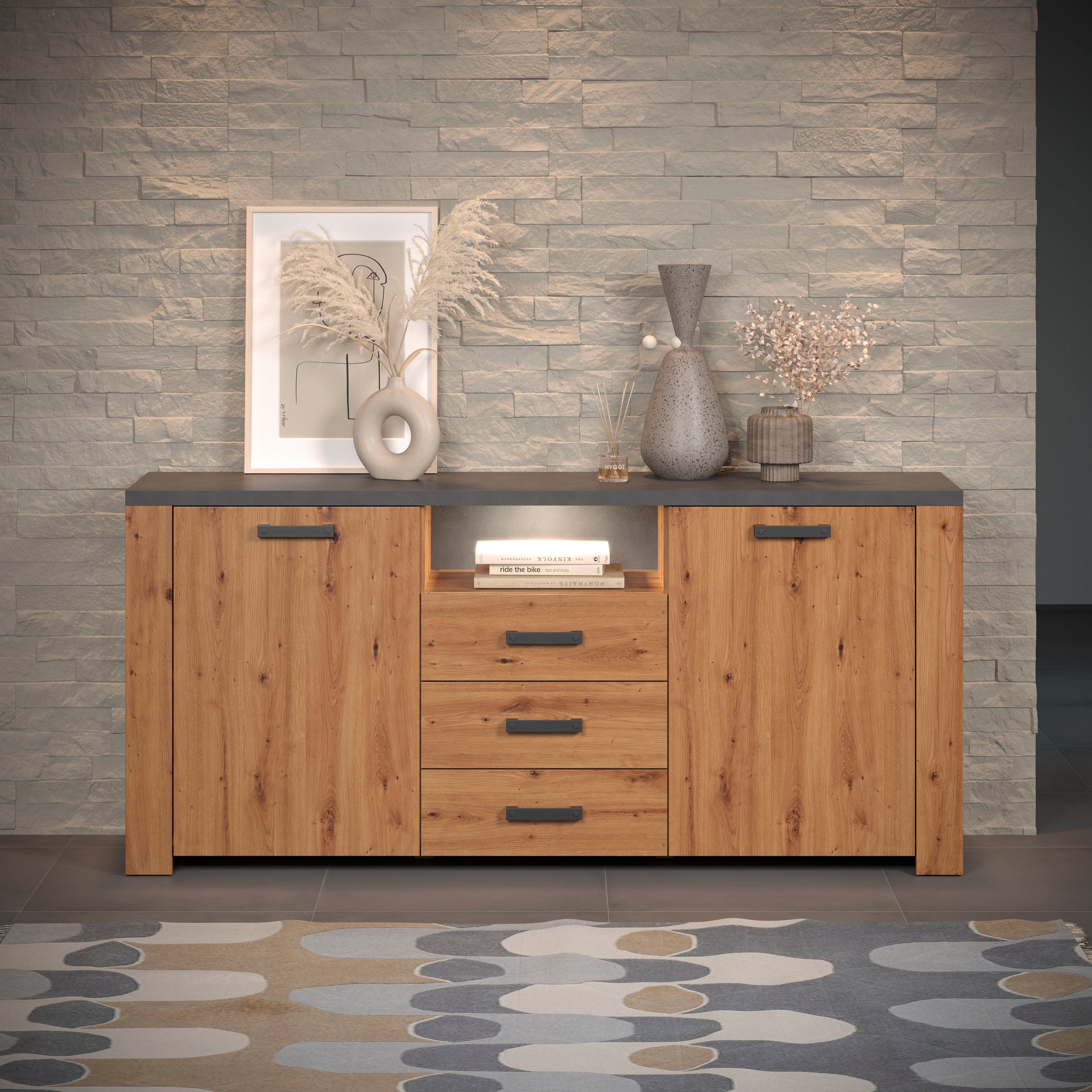 Home affaire Dressoir Ambres Commode in echt houtlook, Afmetingen BxH: 180x83 cm, Eik (1 stuk)