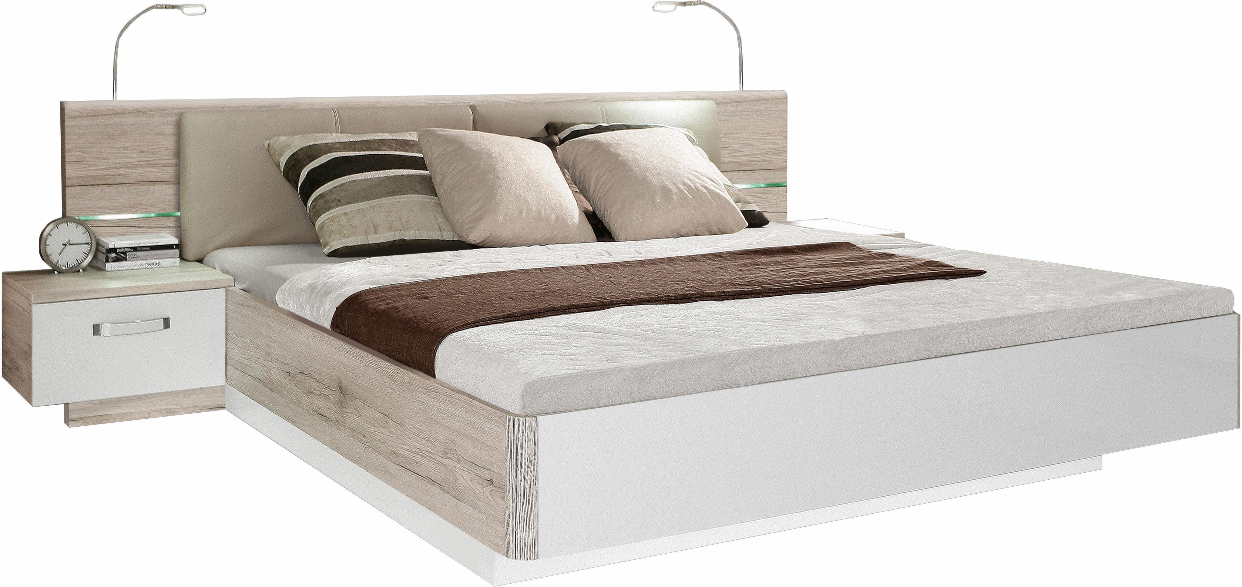 FORTE Slaapkamerserie Rondino, bed + 2 nachtkastjes + LED, gepolsterde kunstlederen hoofdeinde