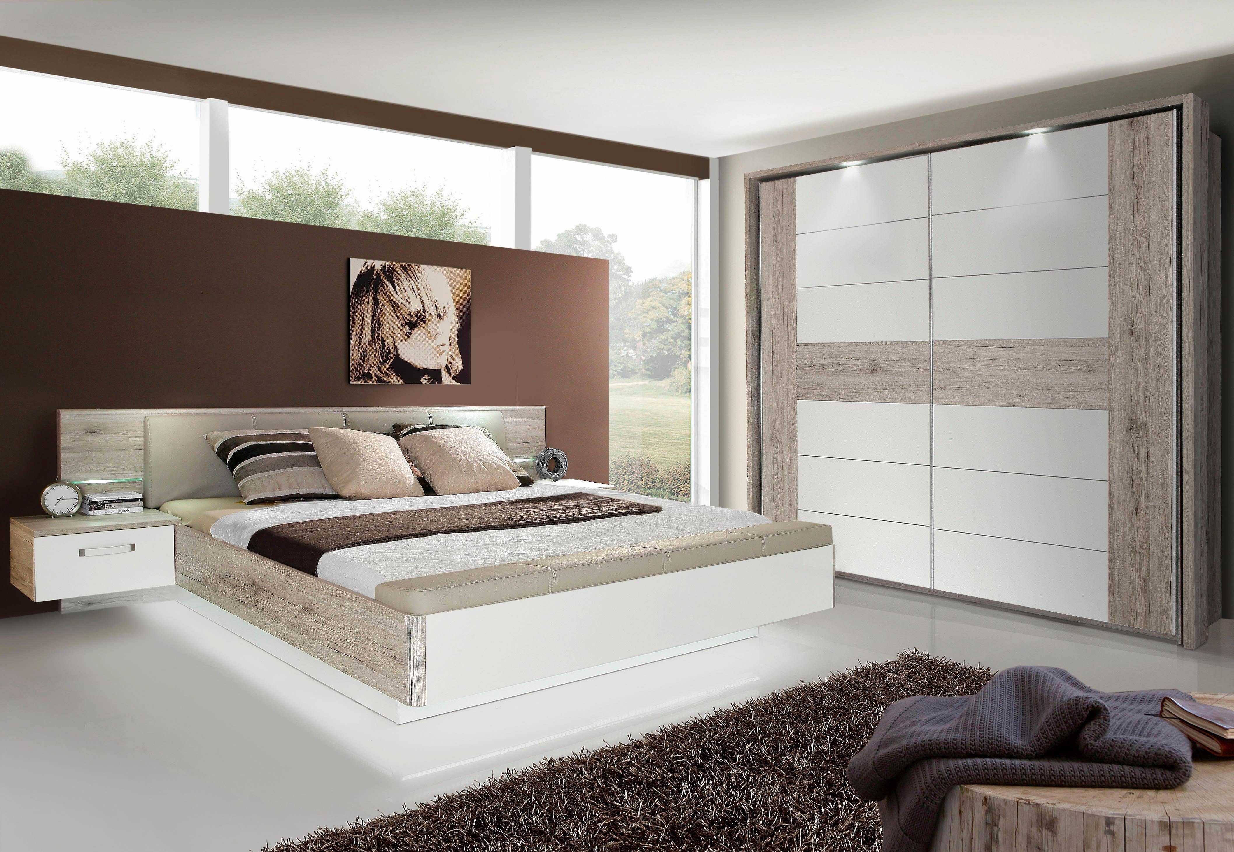 FORTE Slaapkamerserie Rondino, bed + 2 nachtkastjes + LED, gepolsterde kunstlederen hoofdeinde