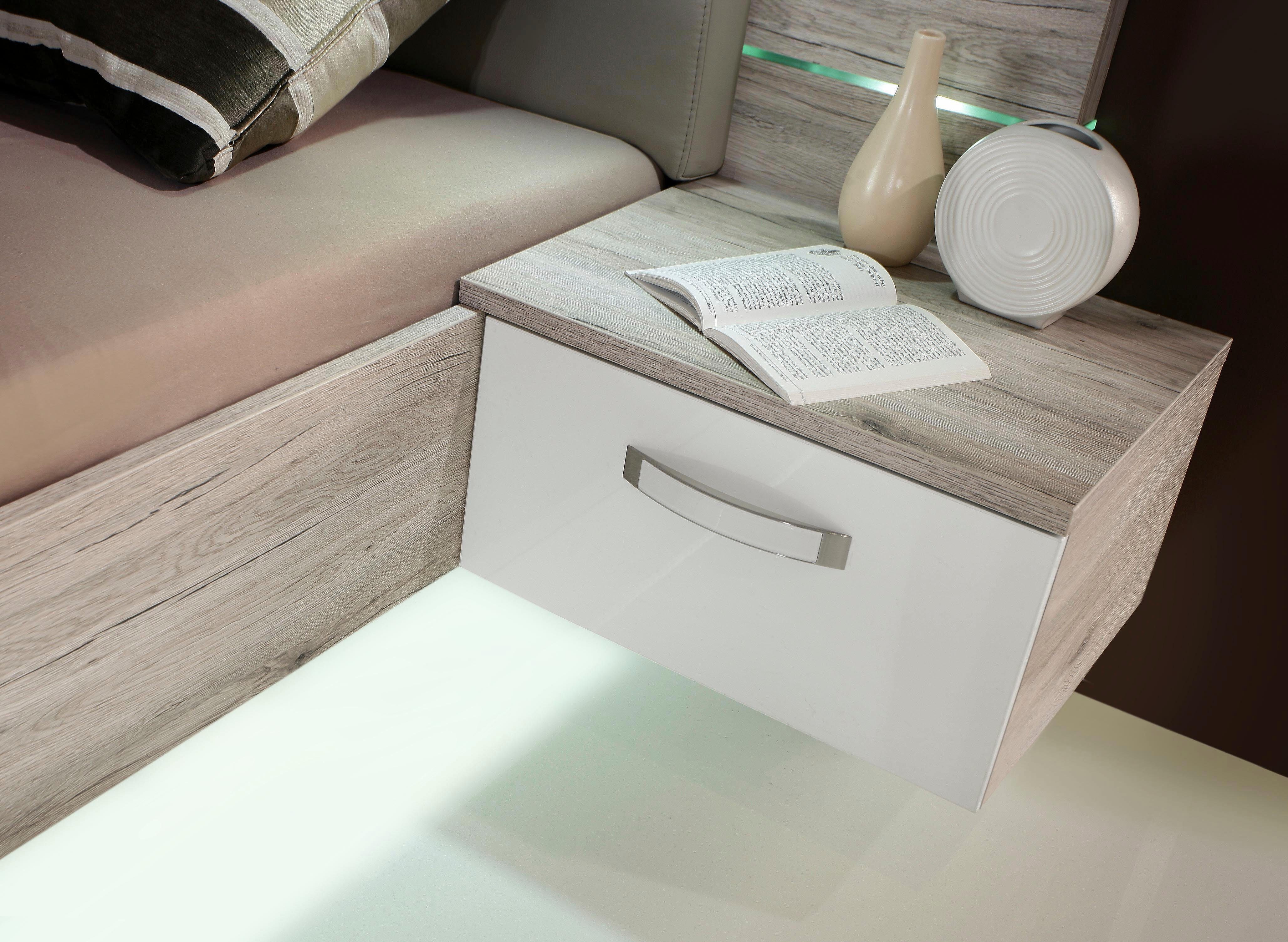 FORTE Slaapkamerserie Rondino, bed + 2 nachtkastjes + LED, gepolsterde kunstlederen hoofdeinde