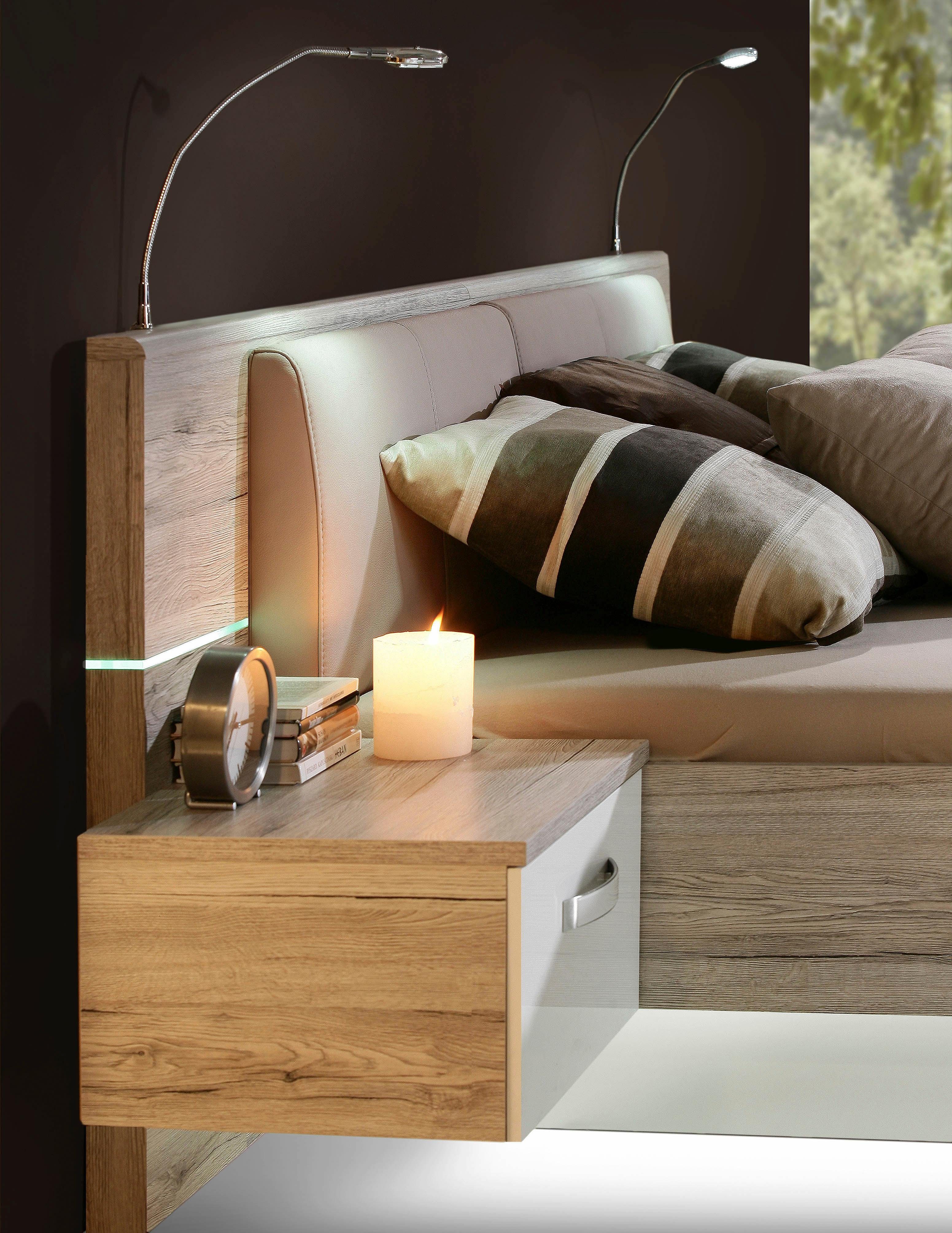 FORTE Slaapkamerserie Rondino, bed + 2 nachtkastjes + LED, gepolsterde kunstlederen hoofdeinde