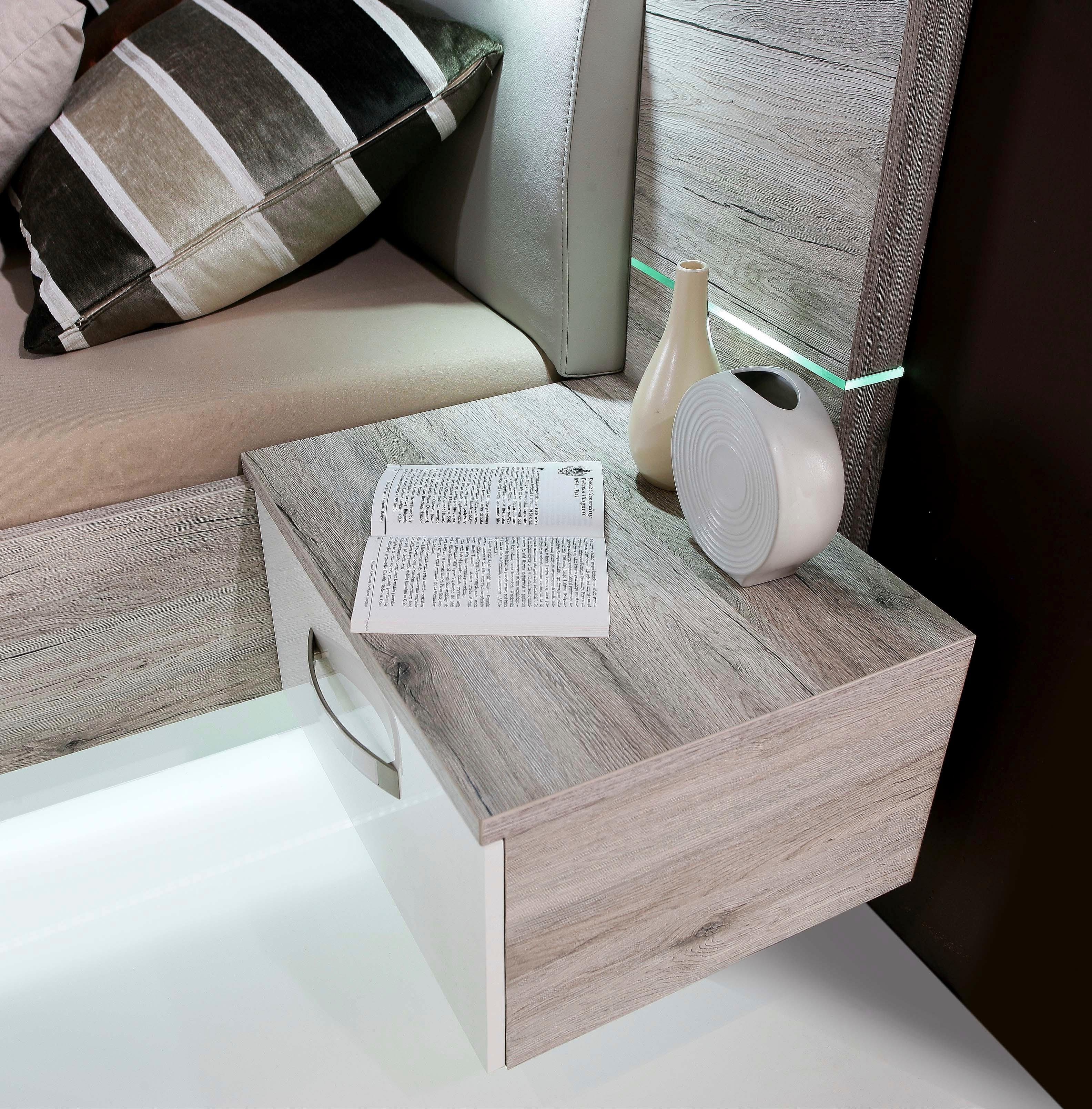 FORTE Slaapkamerserie Rondino, bed + 2 nachtkastjes + LED, gepolsterde kunstlederen hoofdeinde