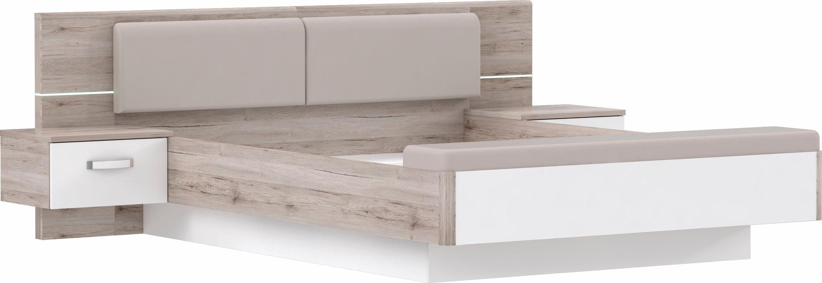 FORTE Slaapkamerserie Rondino, bed + 2 nachtkastjes + LED, gepolsterde kunstlederen hoofdeinde