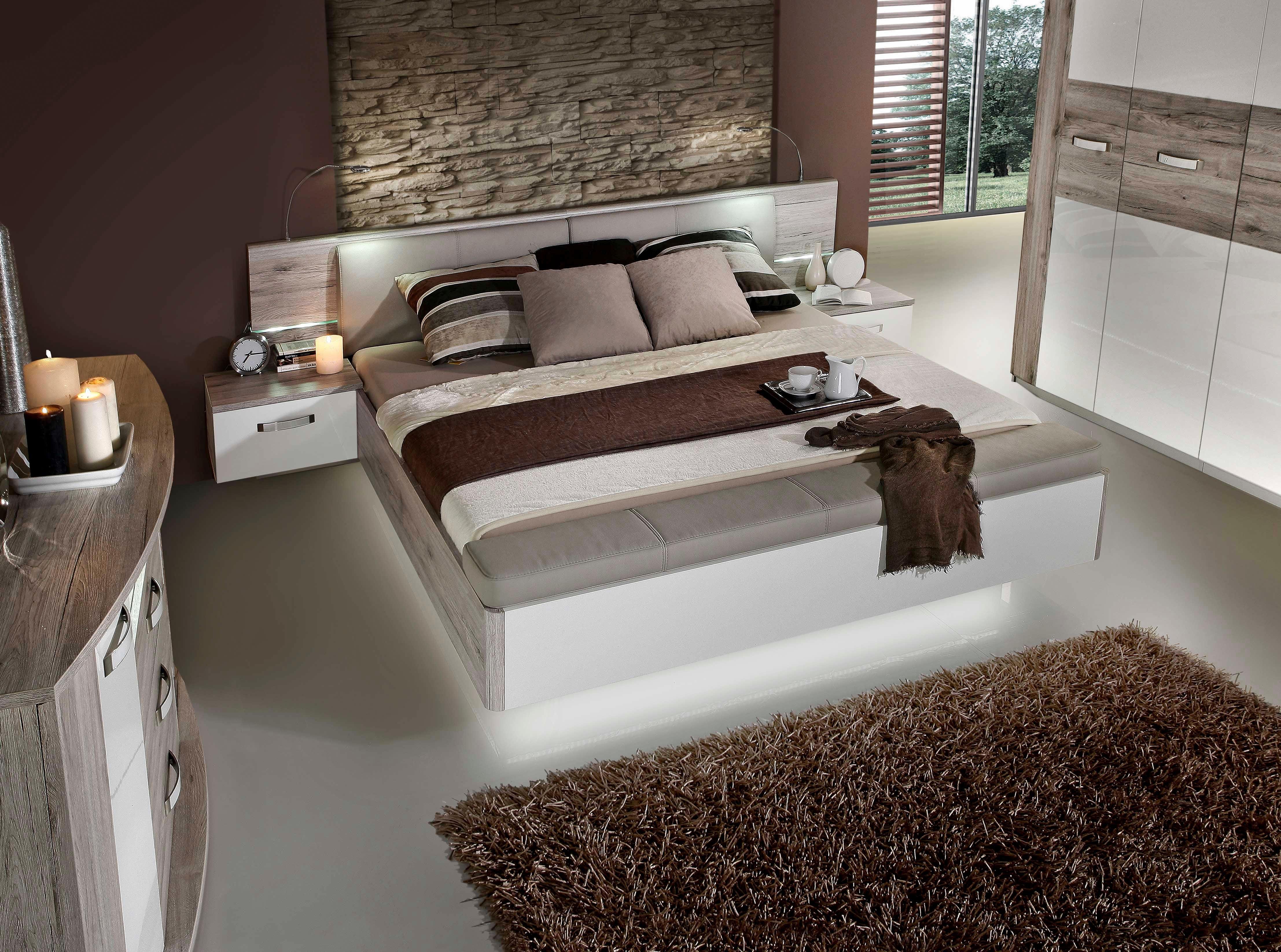 FORTE Slaapkamerserie Rondino, bed + 2 nachtkastjes + LED, gepolsterde kunstlederen hoofdeinde