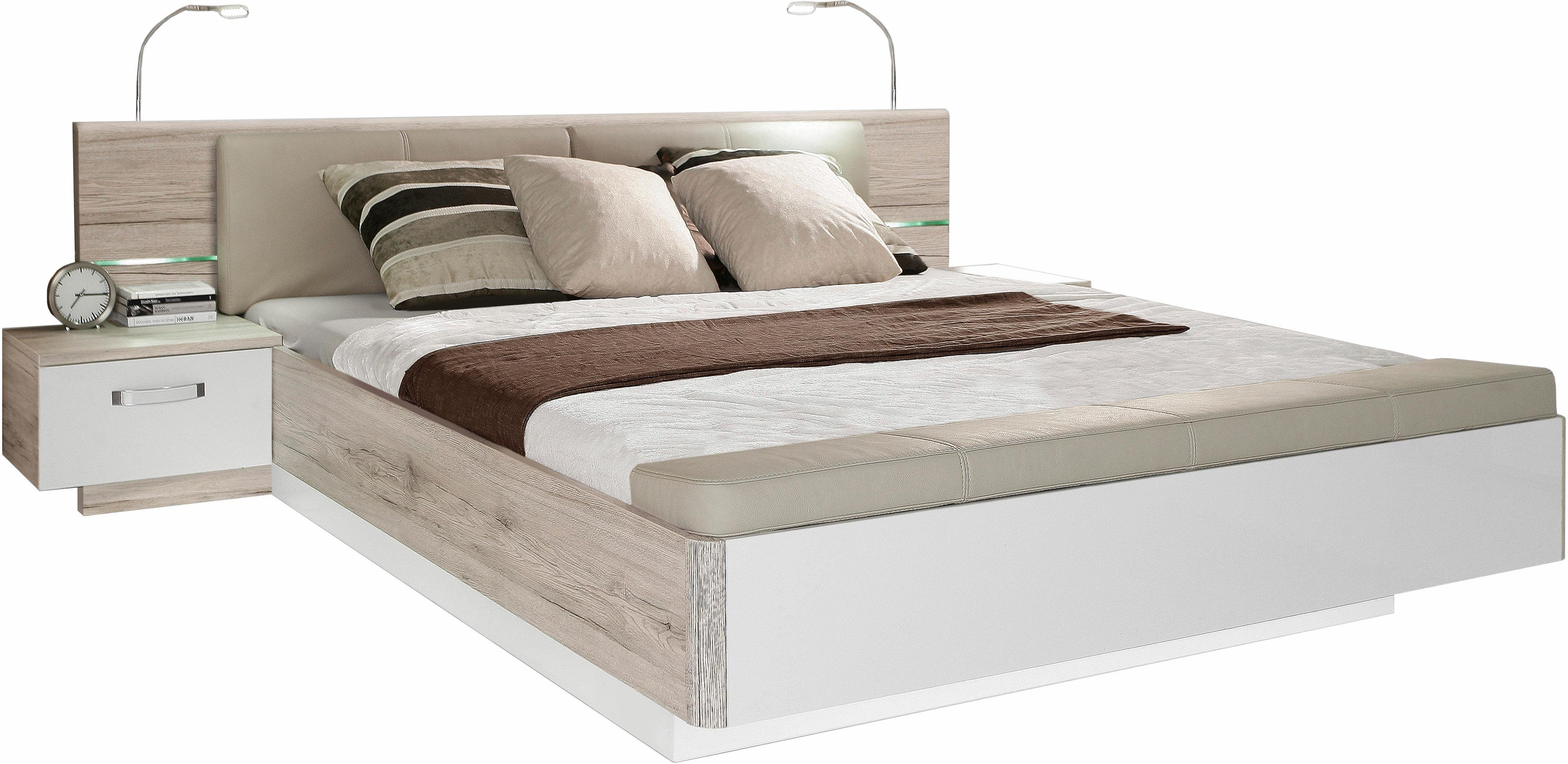 FORTE Slaapkamerserie Rondino, bed + 2 nachtkastjes + LED, gepolsterde kunstlederen hoofdeinde
