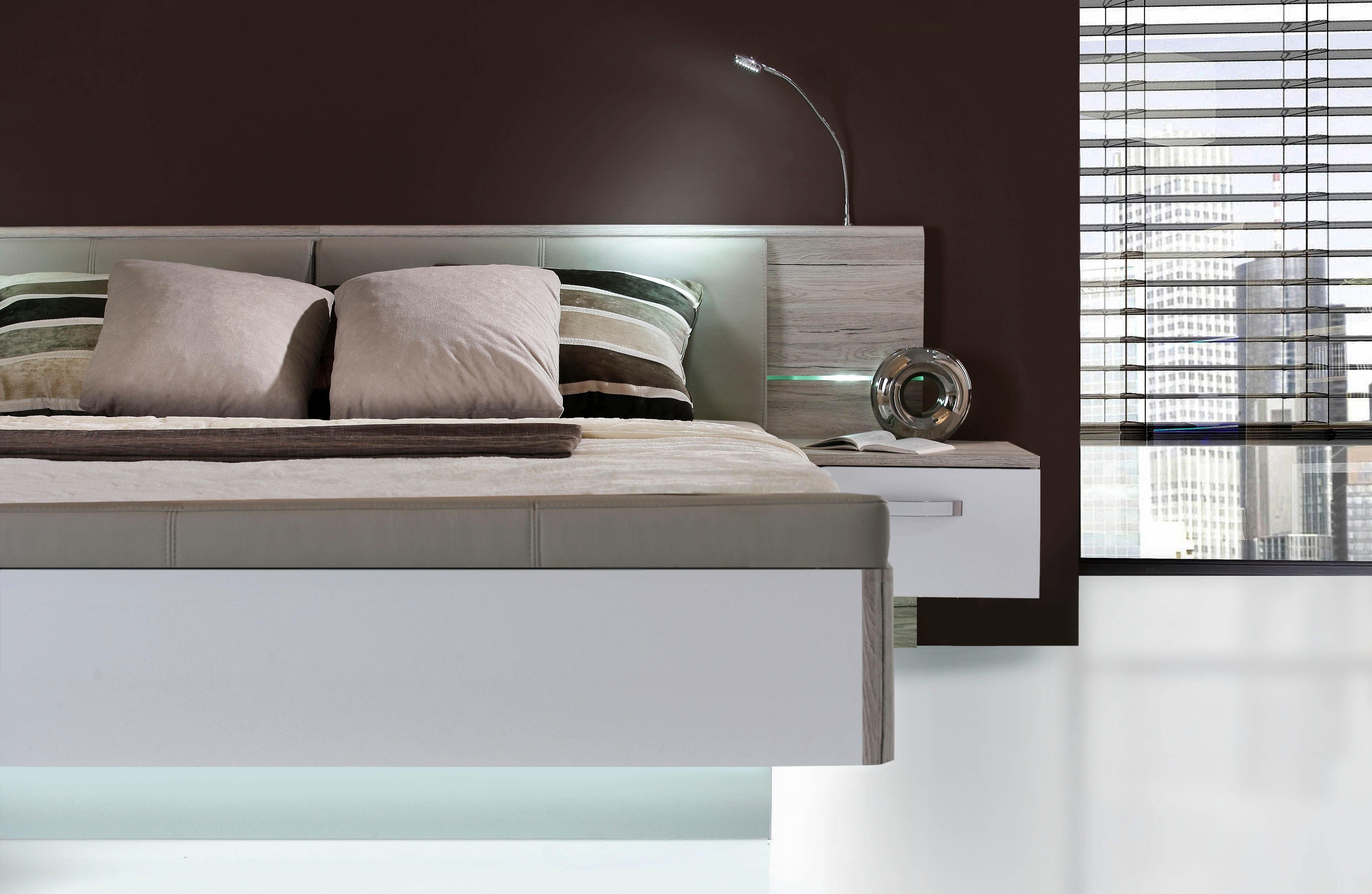 FORTE Slaapkamerserie Rondino, bed + 2 nachtkastjes + LED, gepolsterde kunstlederen hoofdeinde