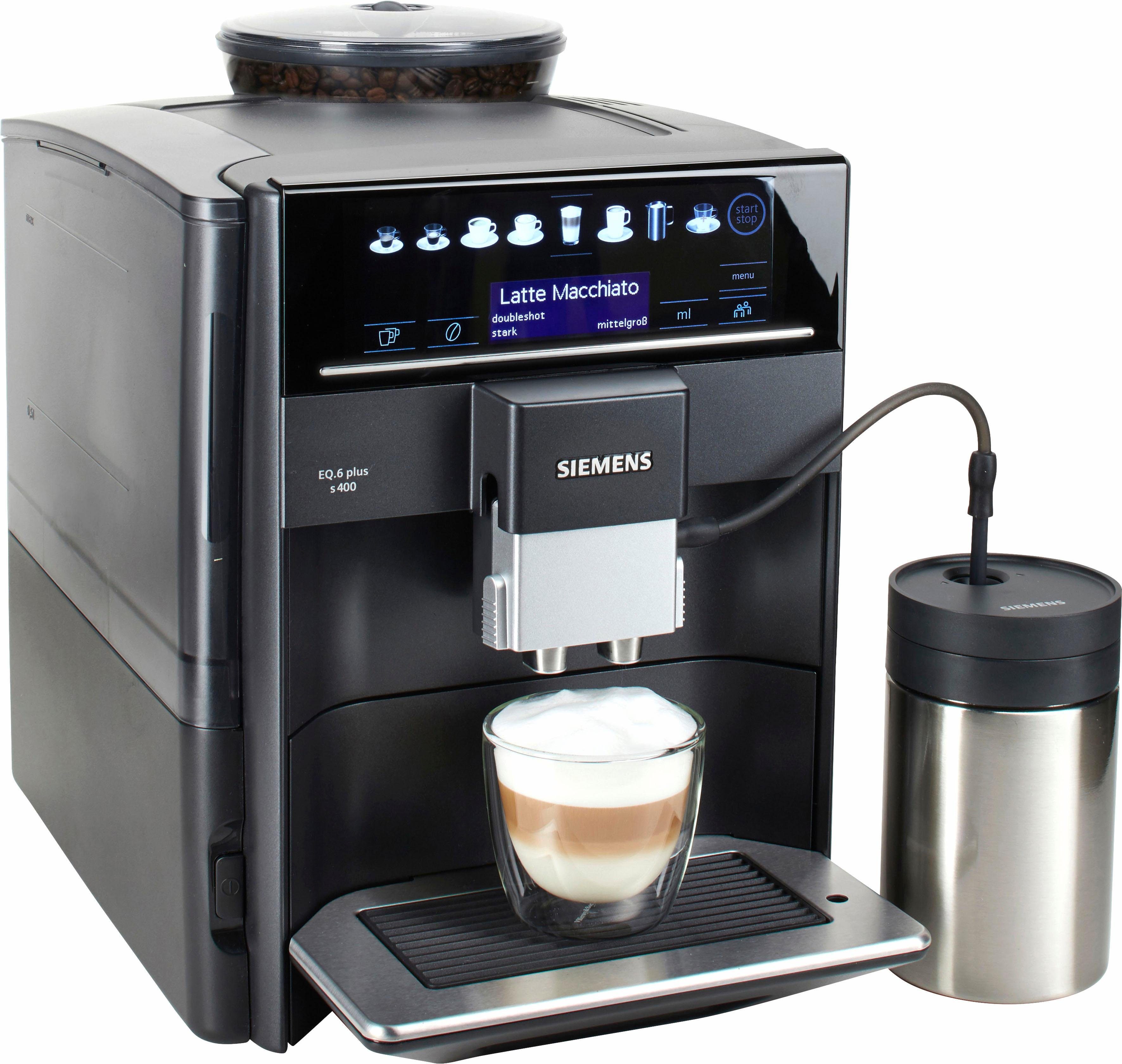 SIEMENS Volautomatisch koffiezetapparaat EQ.6 plus s400 TE654509DE, veel koffiespecialiteiten, automatische stoomreiniging, saffierzwart