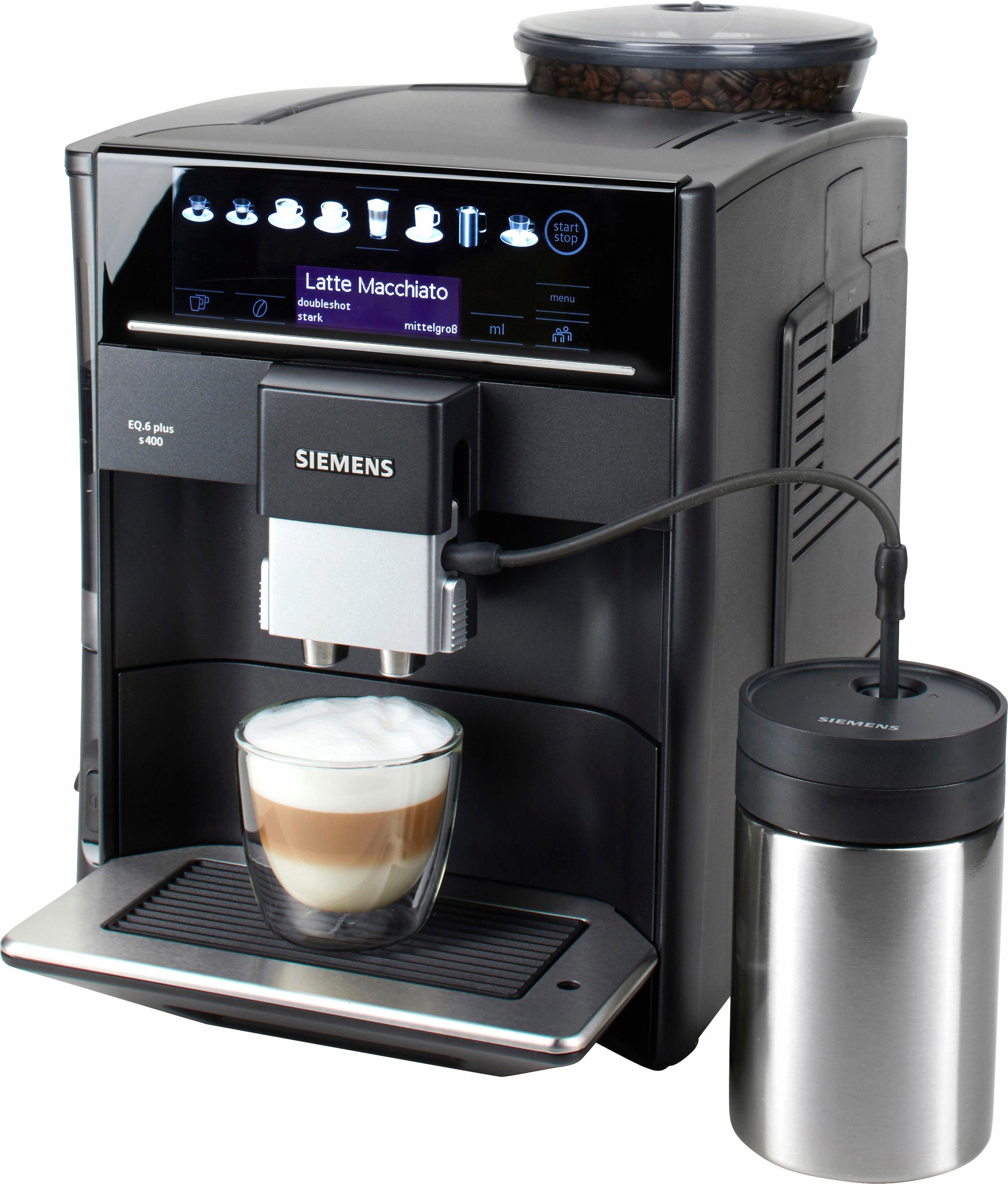 SIEMENS Volautomatisch koffiezetapparaat EQ.6 plus s400 TE654509DE, veel koffiespecialiteiten, automatische stoomreiniging, saffierzwart