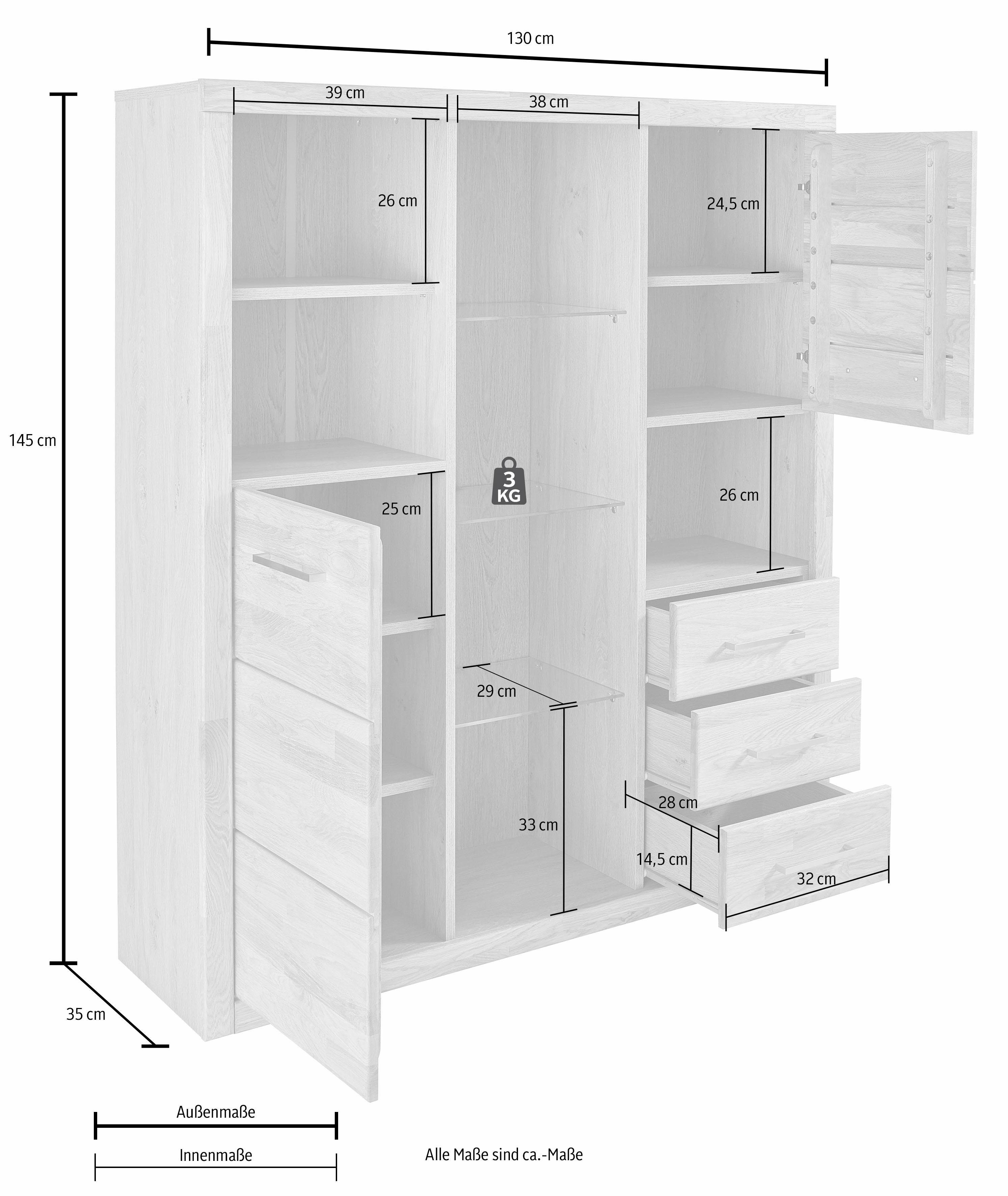 Home affaire Highboard Ribe, 130cm breed, 145cm hoog, fronten massief hout, 12 vakken