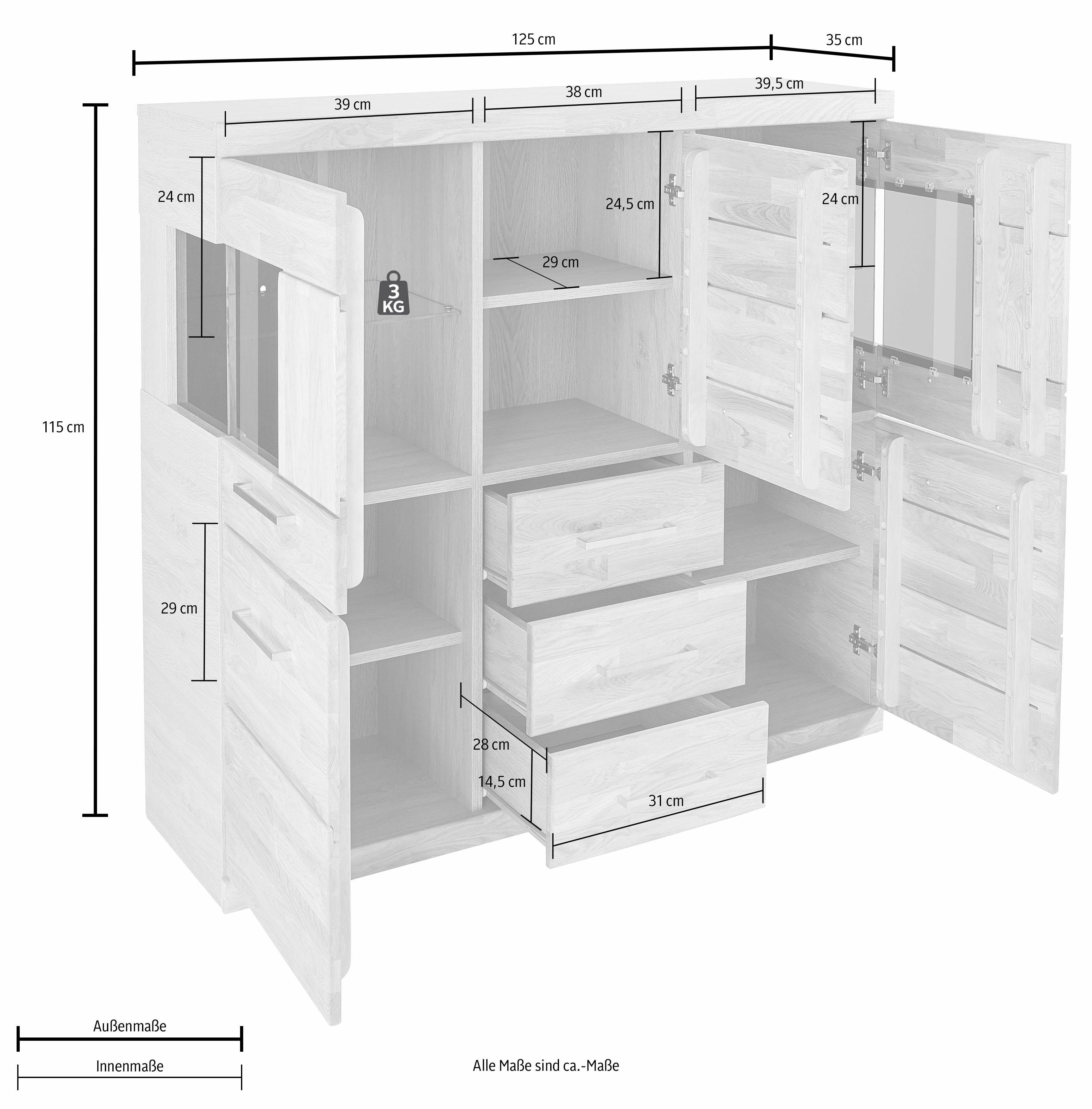 Home affaire Highboard Ribe, 125cm breed, 115cm hoog, fronten massief hout, 5 deuren, 3 lades