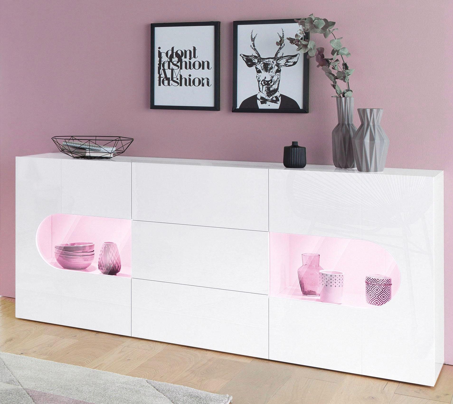 INOSIGN Dressoir Real, vitrinekast, commode, kast, volledig hoogglans gelakt met 2 glazen deuren en 3 lades zonder handgreep, breedte 180