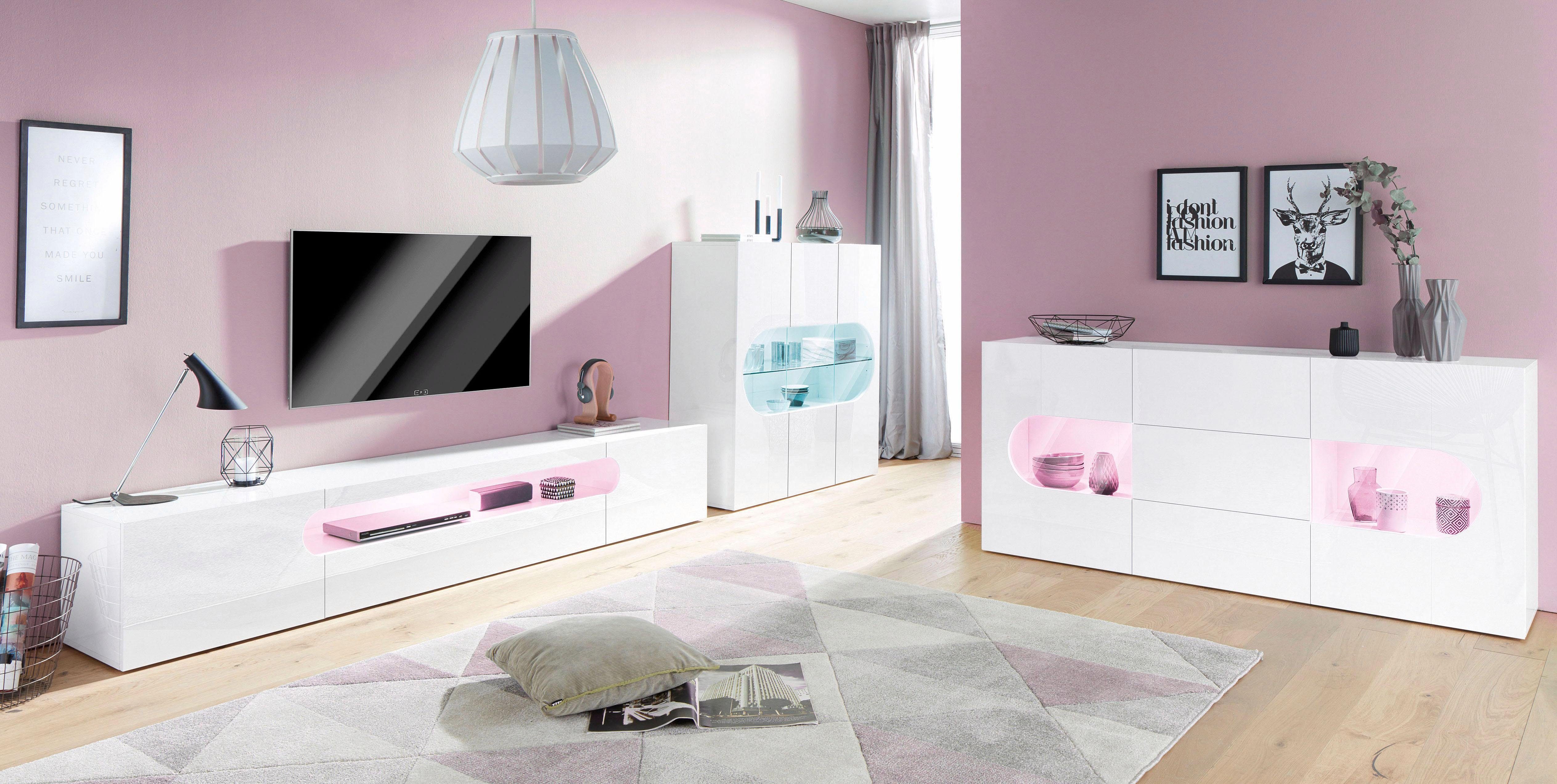 INOSIGN Dressoir Real, vitrinekast, commode, kast, volledig hoogglans gelakt met 2 glazen deuren en 3 lades zonder handgreep, breedte 180