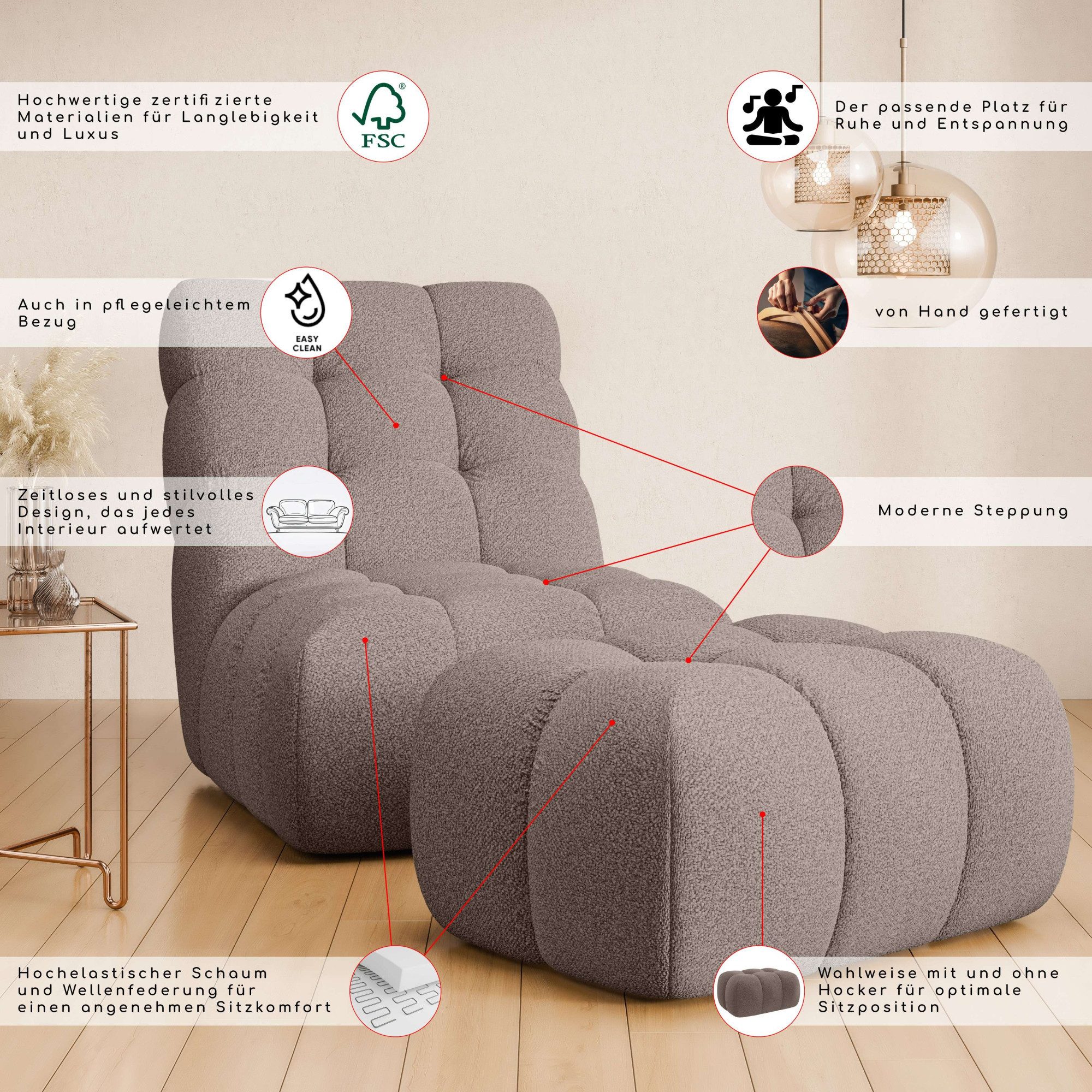 Guido Maria Kretschmer Home&Living XXL-fauteuil AURELIAN loveseat XXL met poef in set, leesstoel, relaxstoel met golfondersteuning, fijne structuur, grove structuur, velours