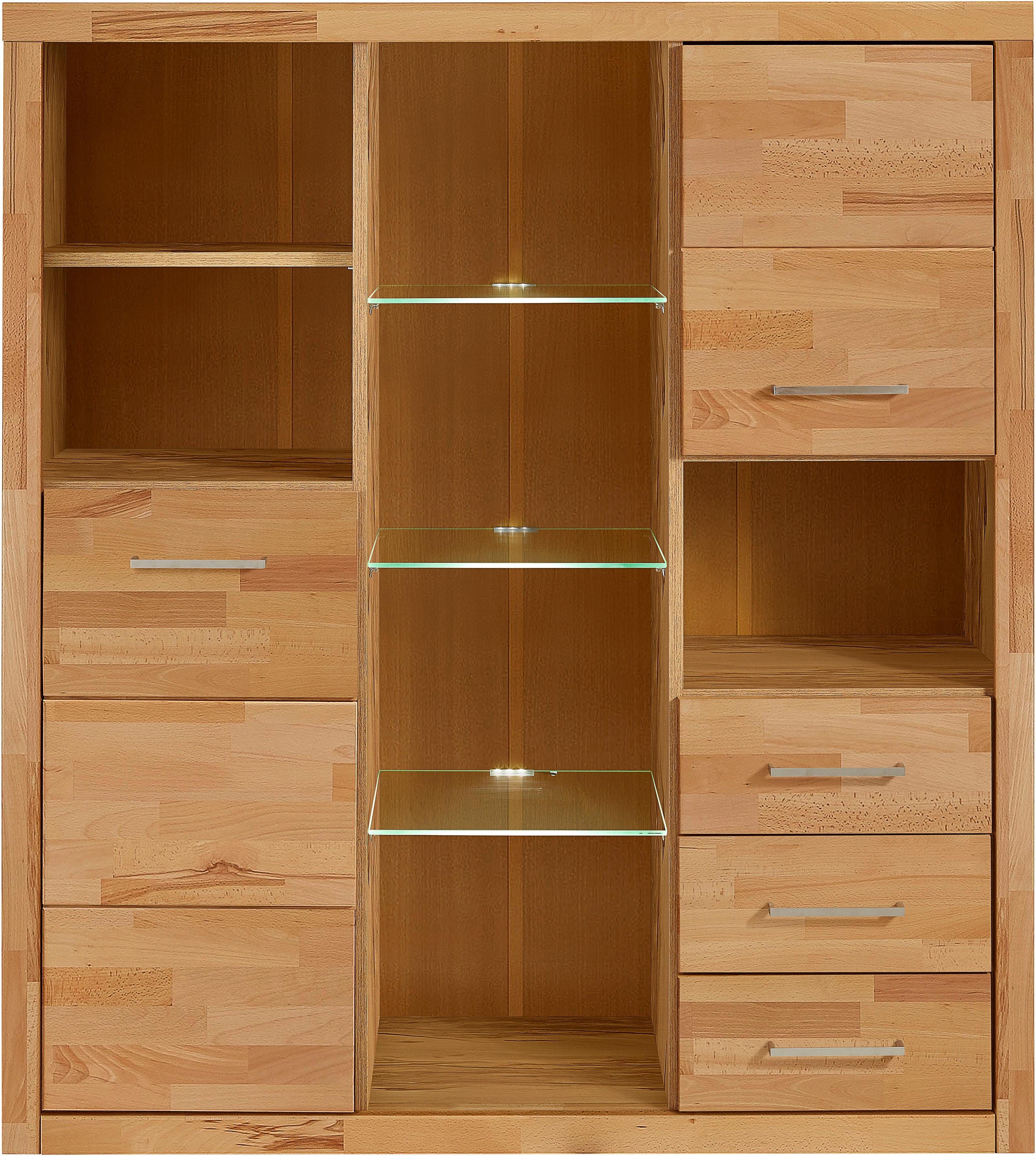 Home affaire Highboard Ribe, 130cm breed, 145cm hoog, fronten massief hout, 12 vakken