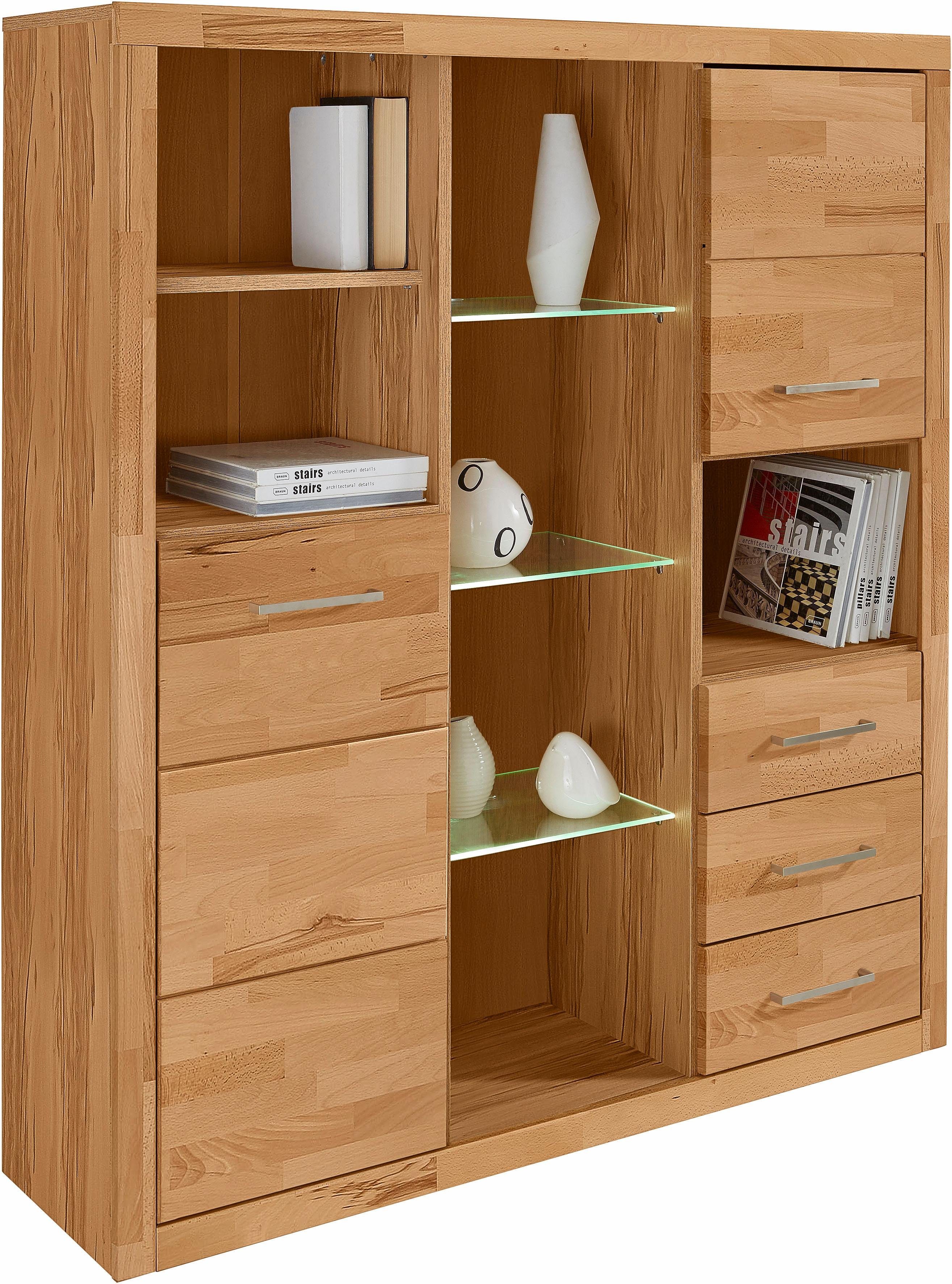 Home affaire Highboard Ribe, 130cm breed, 145cm hoog, fronten massief hout, 12 vakken
