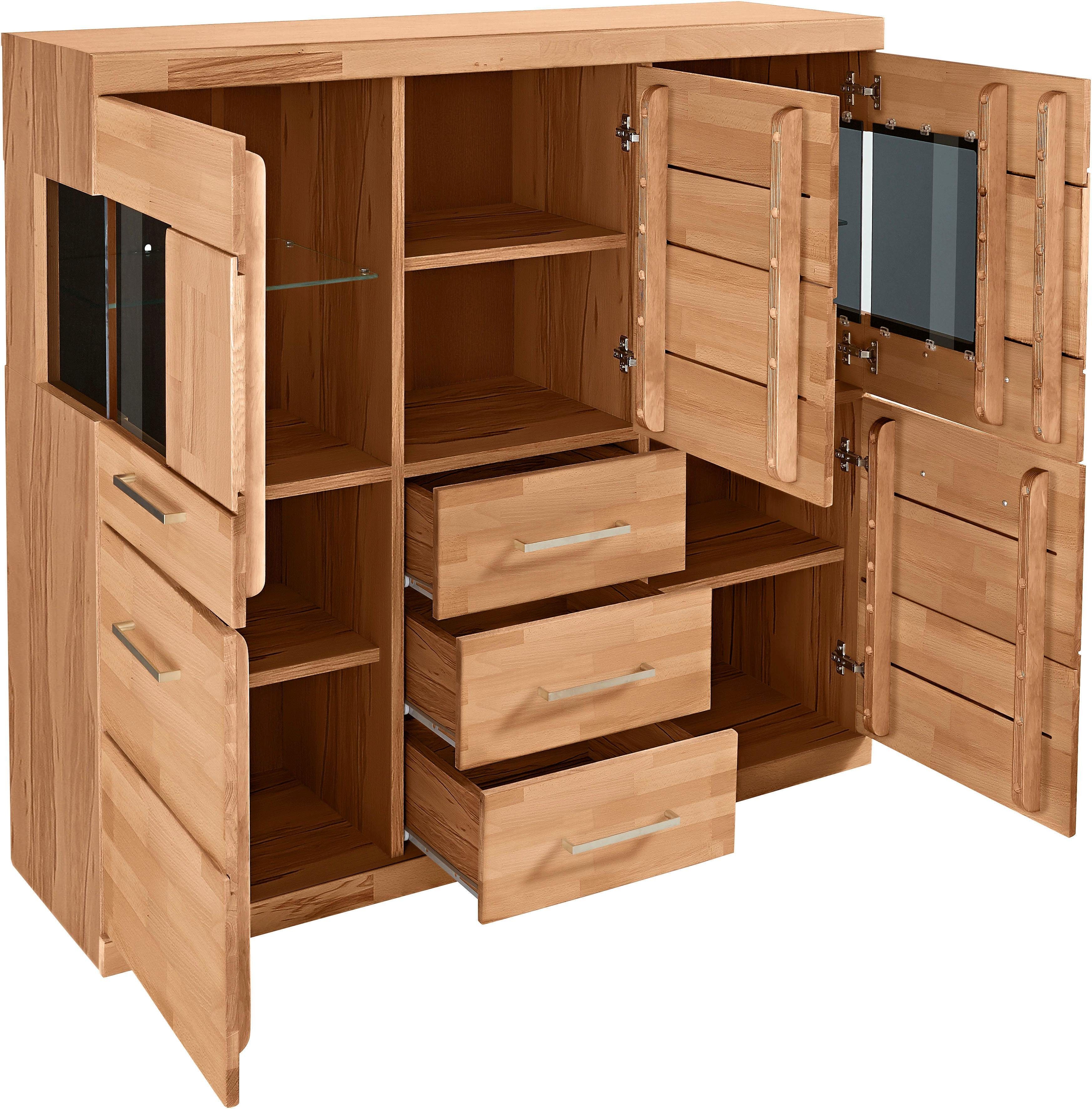 Home affaire Highboard Ribe, 125cm breed, 115cm hoog, fronten massief hout, 5 deuren, 3 lades