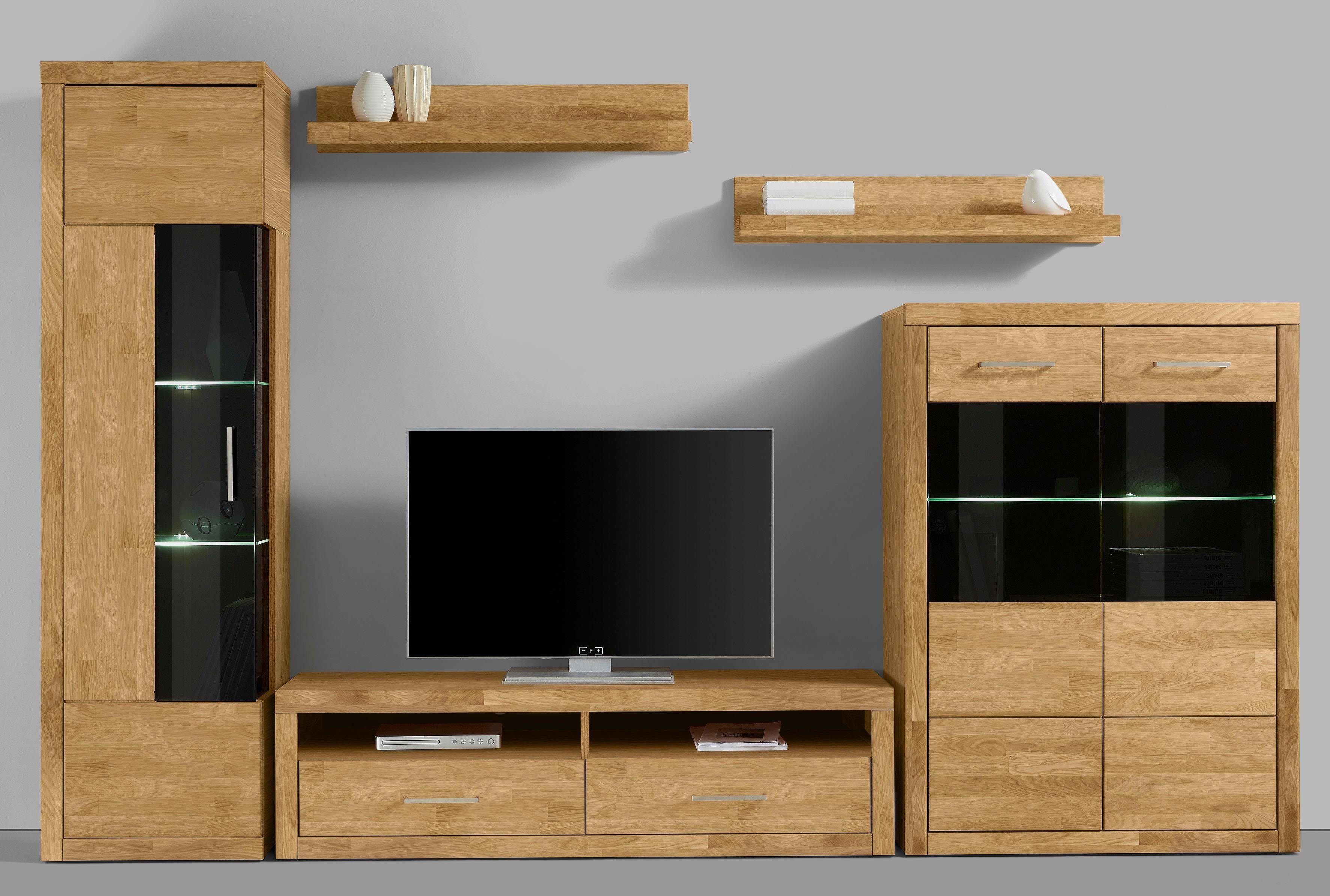 Home affaire Wandmeubel Ribe,Set-5 st.,Massieve bovenplaten,veel opbergruimte Glazen inzet van gehard glas, planken gedeeltelijk verstelbaar (set, 5-delig)