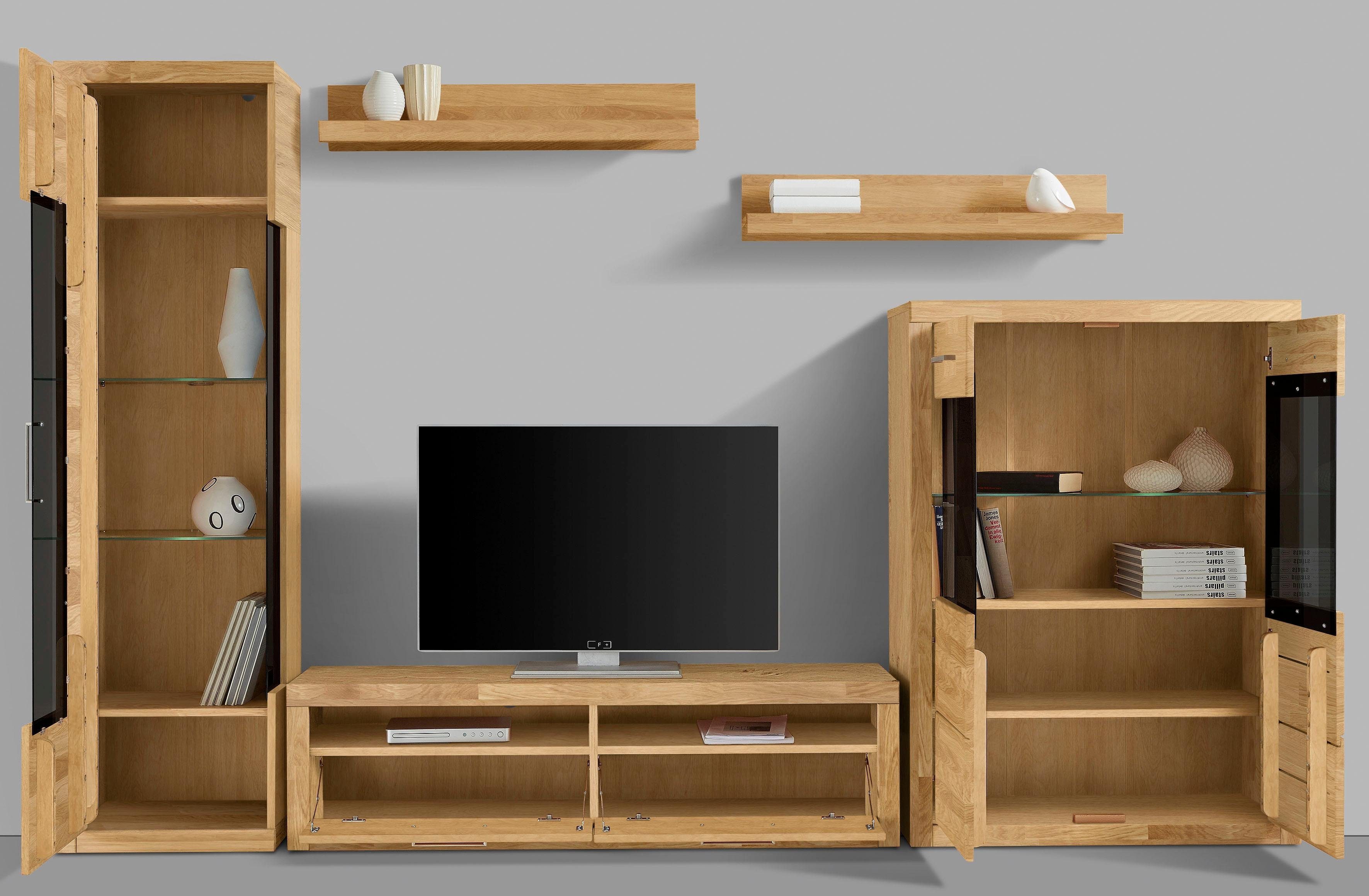 Home affaire Wandmeubel Ribe,Set-5 st.,Massieve bovenplaten,veel opbergruimte Glazen inzet van gehard glas, planken gedeeltelijk verstelbaar (set, 5-delig)